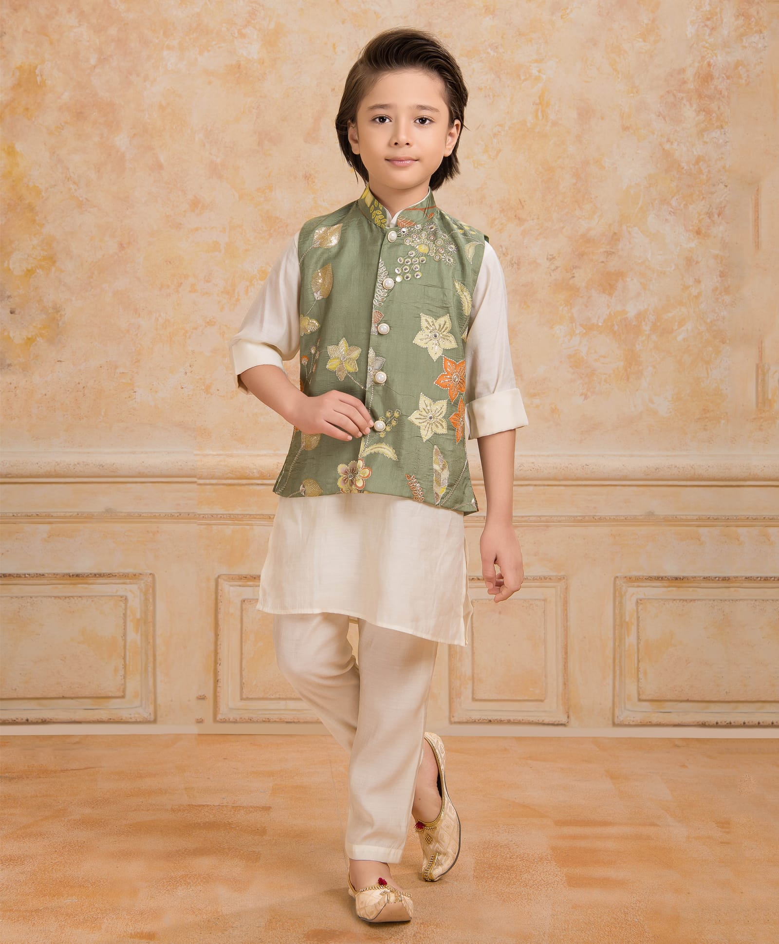 Ministitch Cotton Silk Woven Full Sleeves Solid Kurta Pyjama With Floral Printed Nehru Jacket Set - Olive Green-picture-22