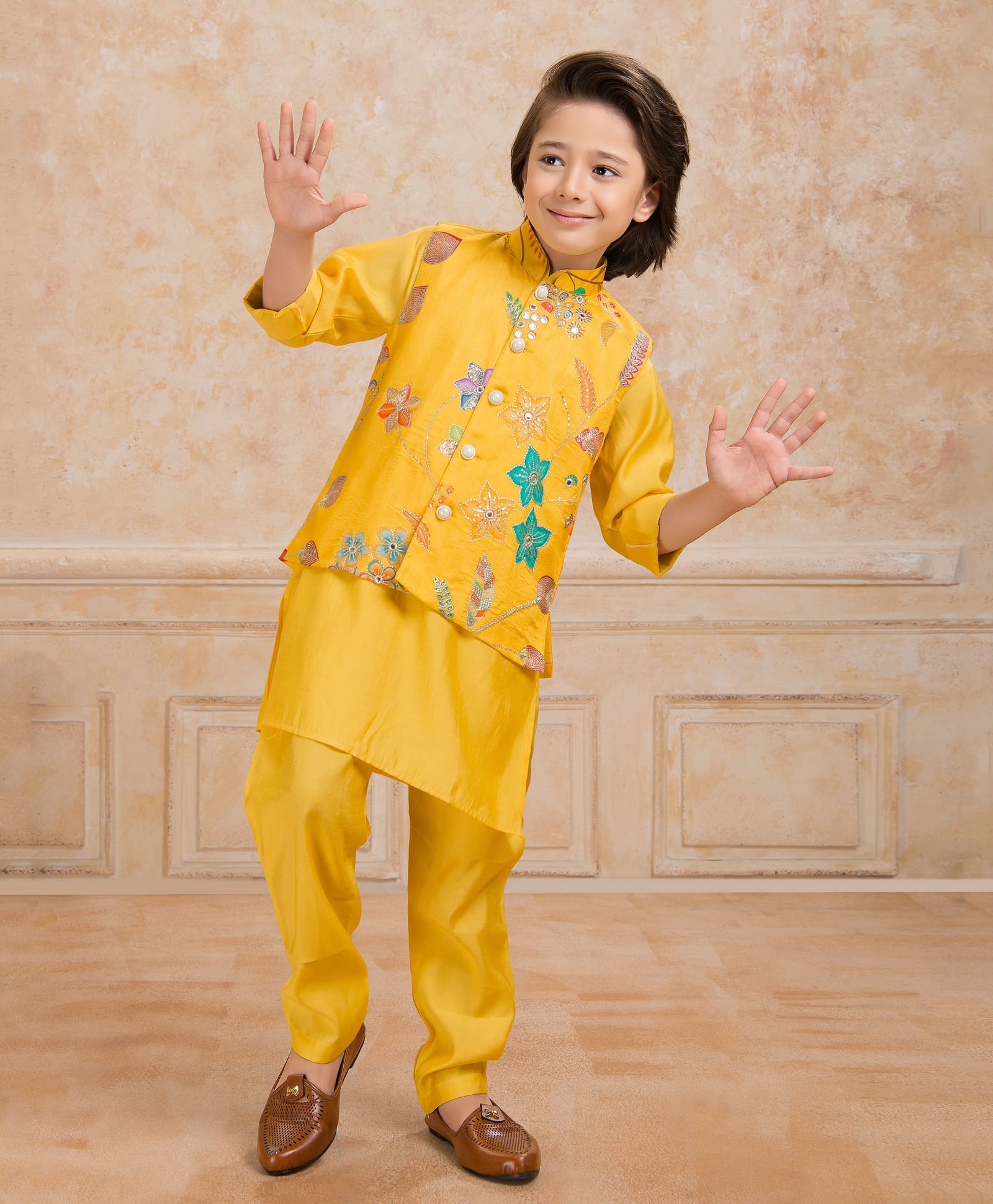 Ministitch Cotton Silk Woven Full Sleeves Solid Kurta Pyjama With Floral Printed & Sequins Embellished Nehru Jacket Set - Yellow-image-35