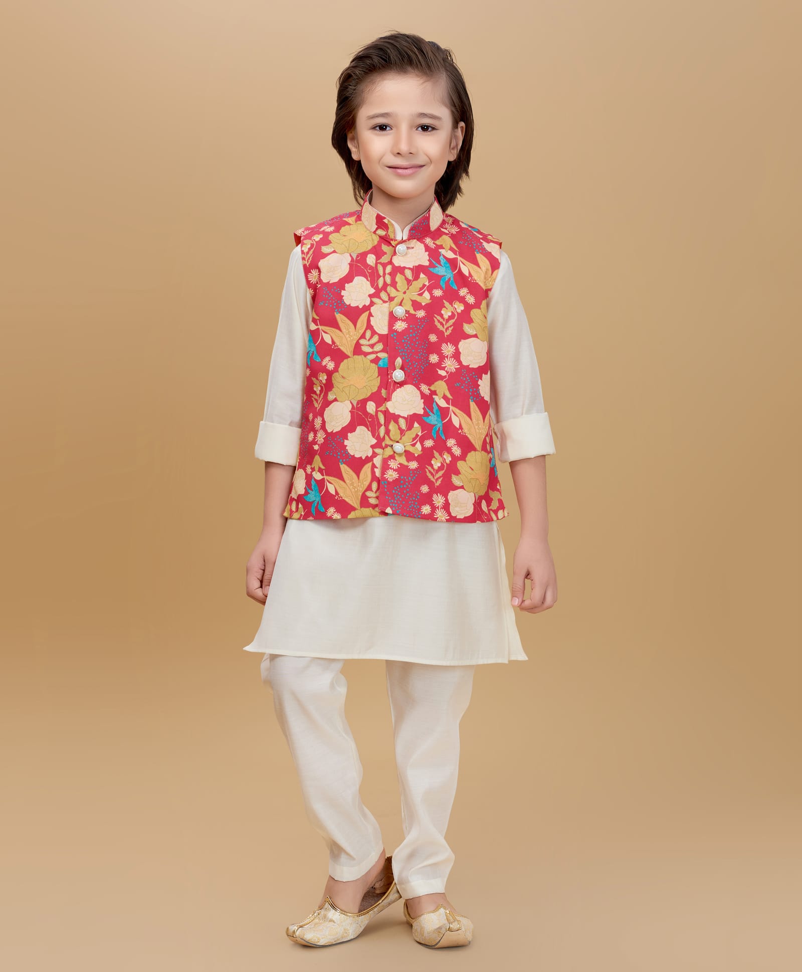 Ministitch Cotton Silk Woven Full Sleeves Solid Kurta Pyjama & Floral Printed Nehru Jacket Set - Red-picture-20