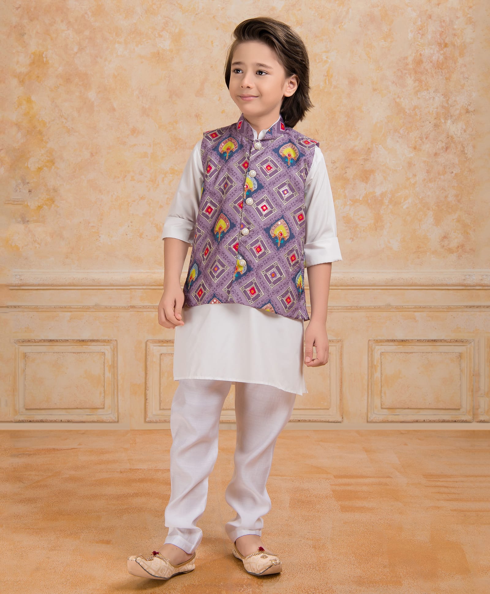 Ministitch Cotton Silk Woven Full Sleeves Solid Kurta Pyjama & Abstract Embroidered Nehru Jacket Set - Lilac-picture-37