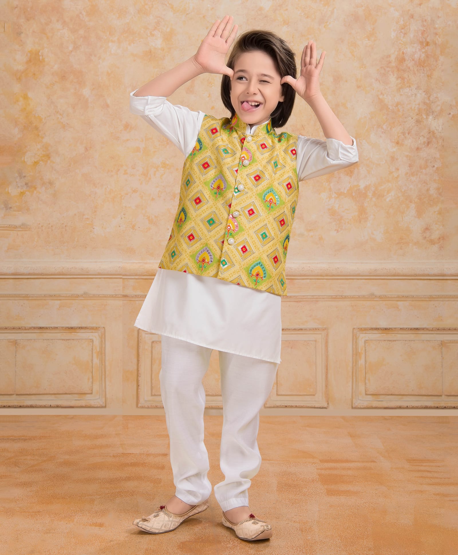Ministitch Cotton Silk Woven Full Sleeves Solid Kurta Pyjama & Abstract Embroidered Nehru Jacket Set - Yellow-picture-17