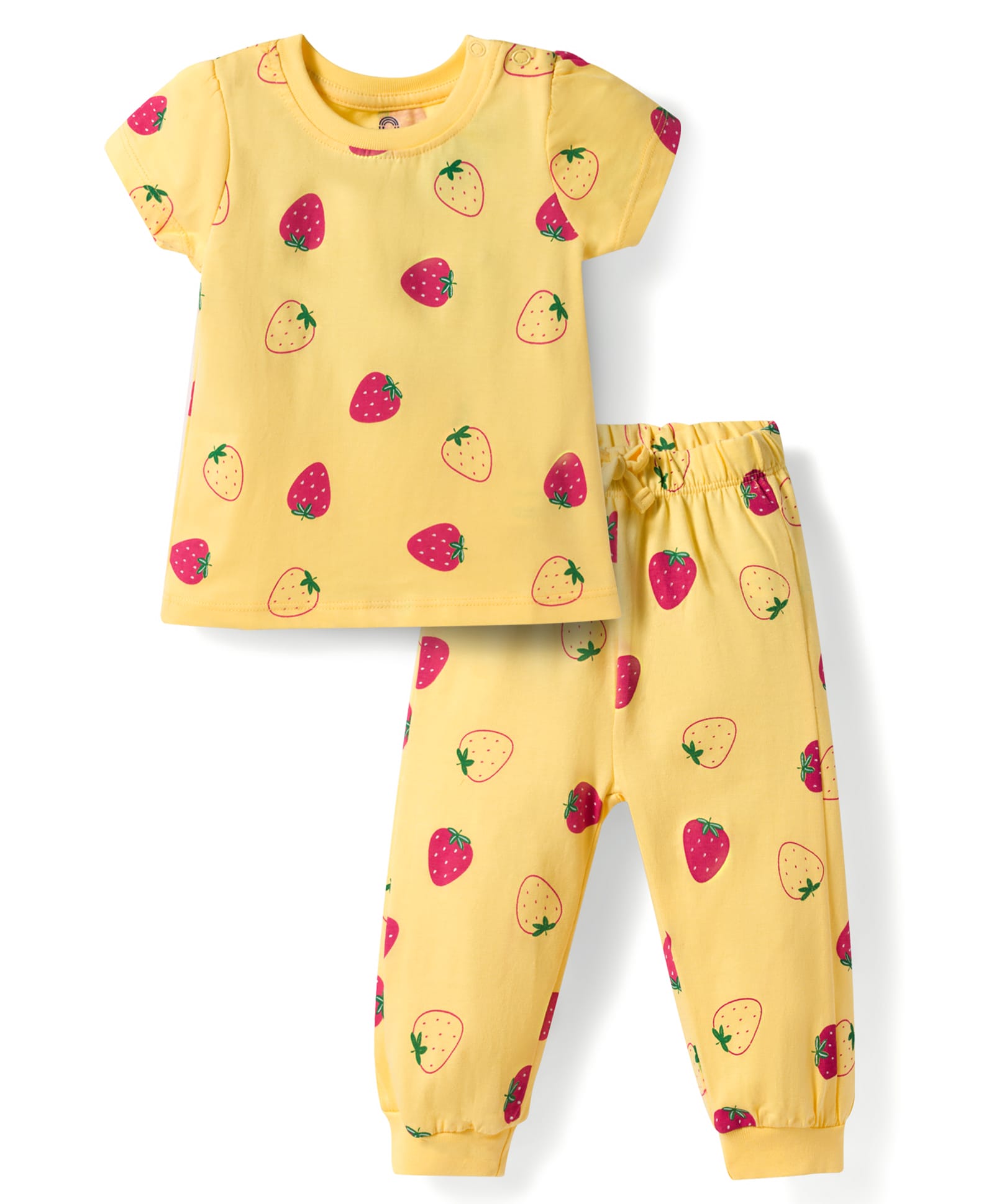 Doodle Poodle 100% Cotton Knit Half Sleeves T-Shirt & Pyjama Co-ord Night Suit With Strawberry Print - Yellow-image-43