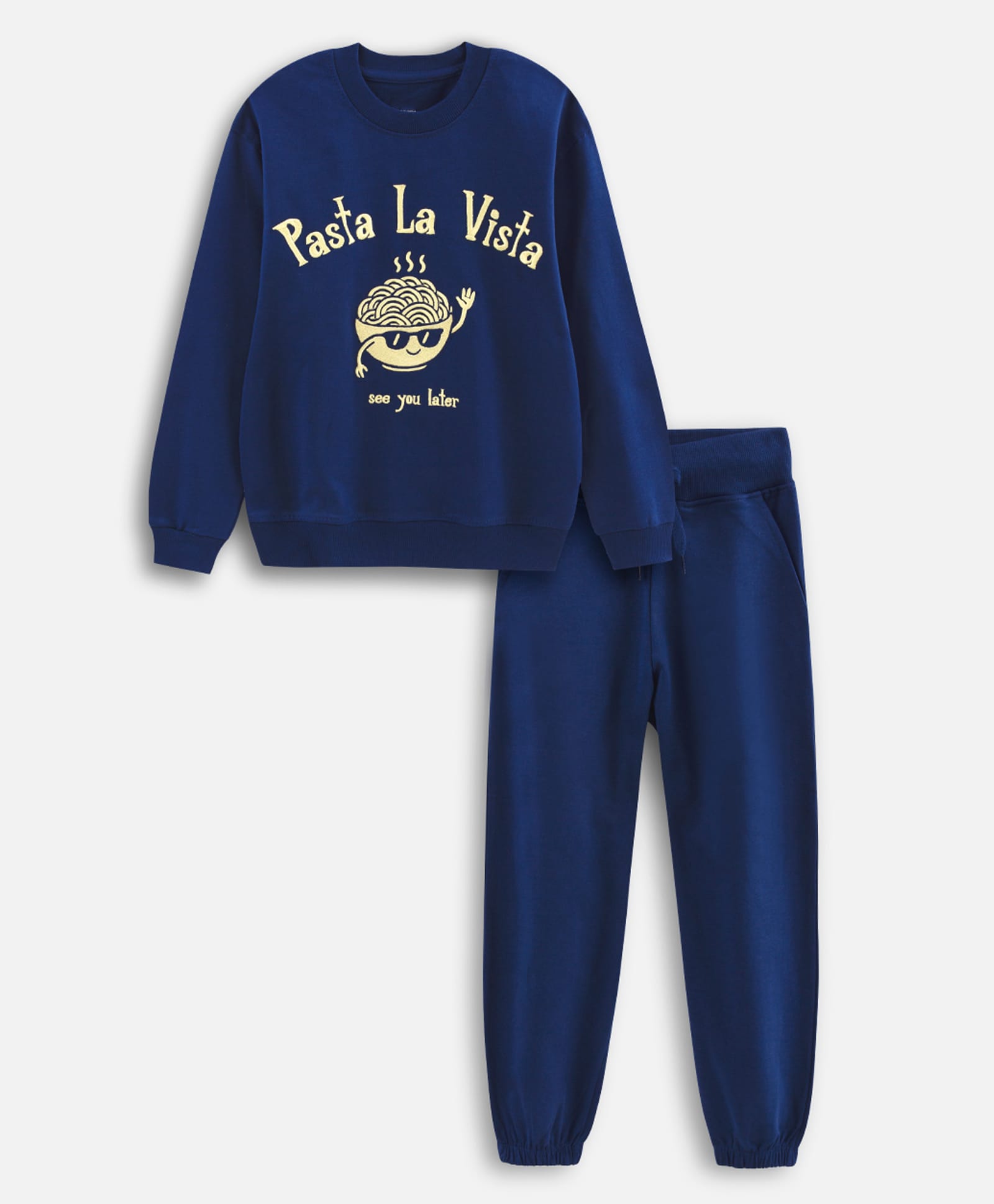 Nap Chief Cotton Knit Full Sleeve Pasta La Vista Text Embroidered Sweatshirt & Joggers Set - Navy Blue-image-36