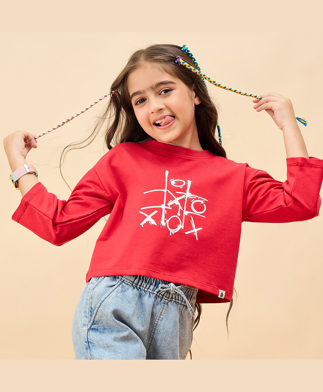 StyloBug Cotton Knit Full Sleeves Tic Tac Toe Printed Light Winter Sweatshirt - Red-image-31