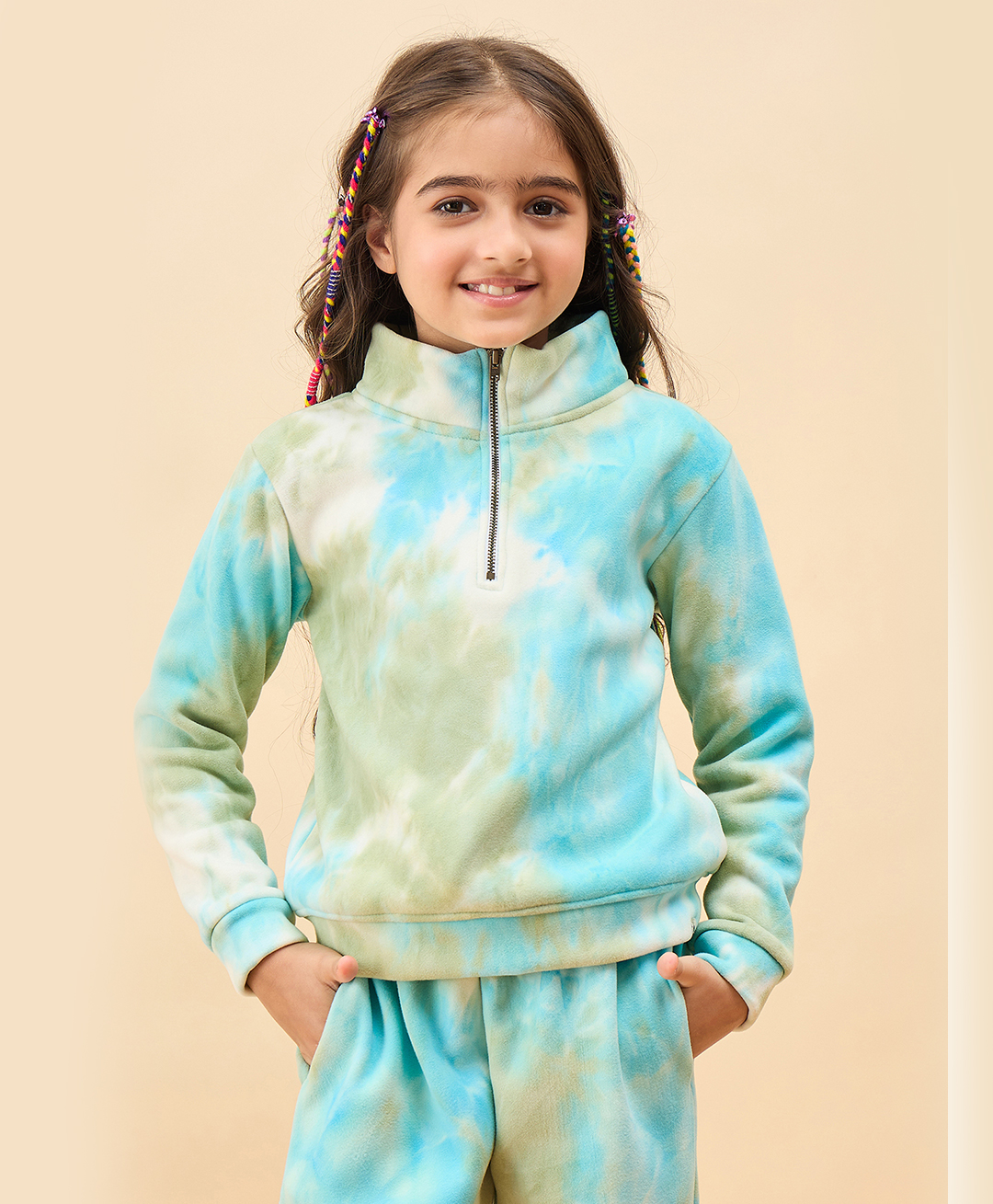 StyloBug Fleece Knit Full Sleeves Tie & Dye Light Winter High Neck Sweatshirt - Green-picture-15