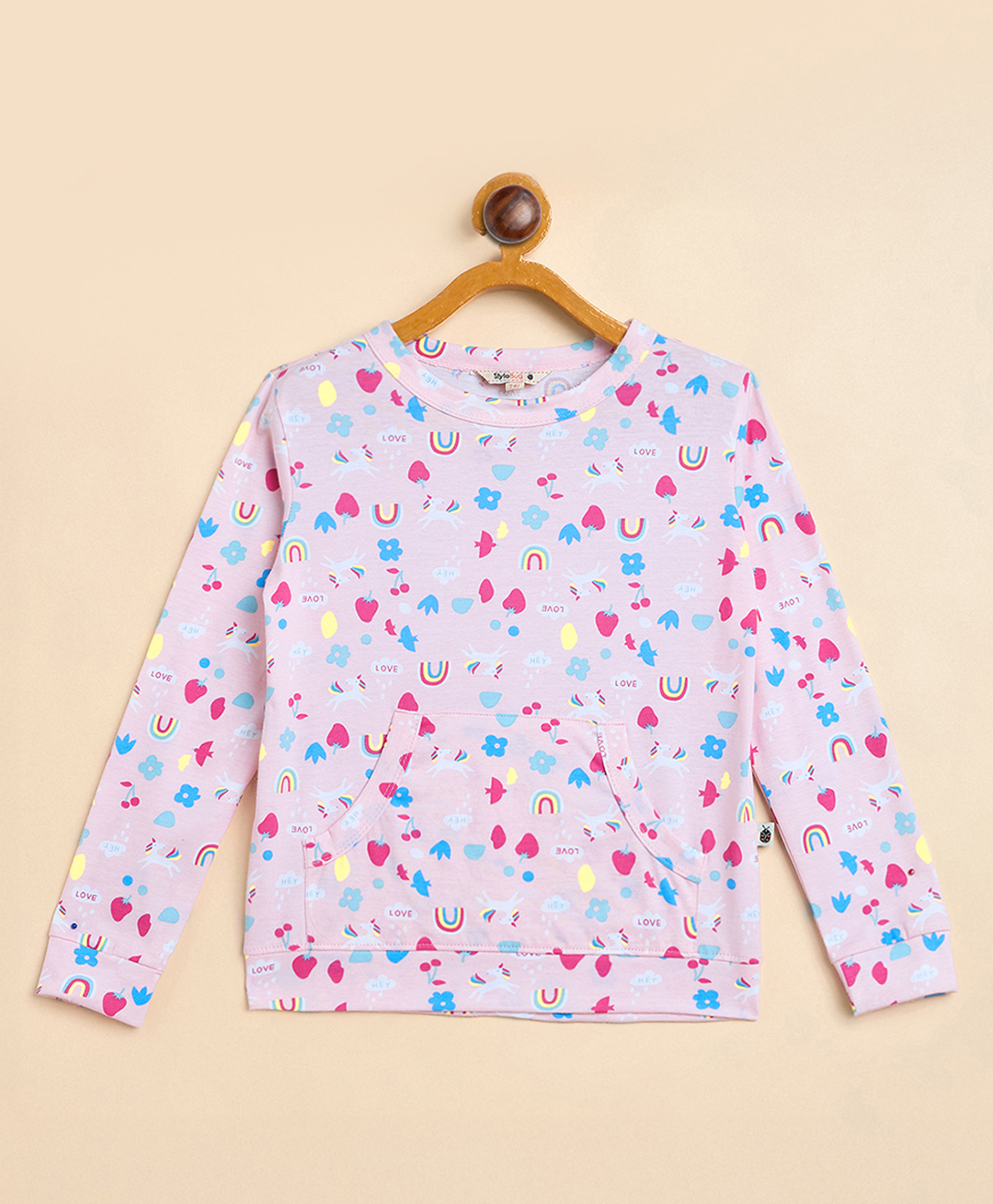 StyloBug Cotton Knit Full Sleeves Unicorn & Rainbow Printed Light Winter Sweatshirt - Pink-picture-36