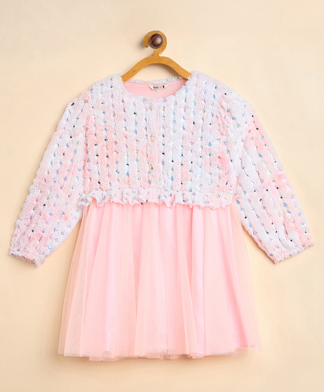StyloBug Woven Full Sleeves Sequins Embellished Dress - Peach-picture-2