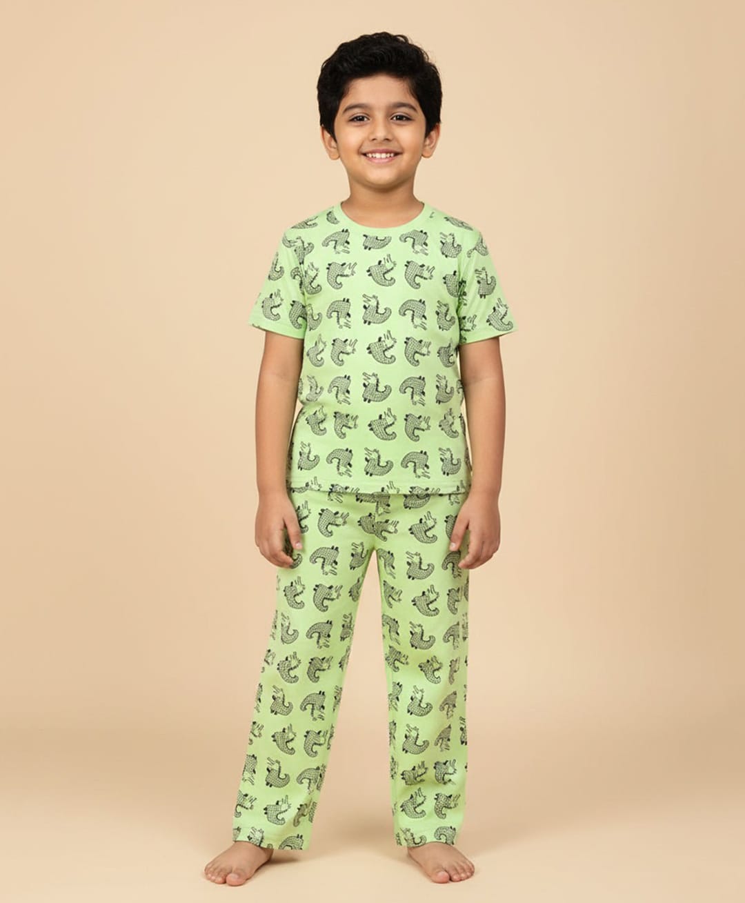 The Mom Store Cotton Woven Half Sleeves Alligator Printed Night Suit Set - Green-picture-17