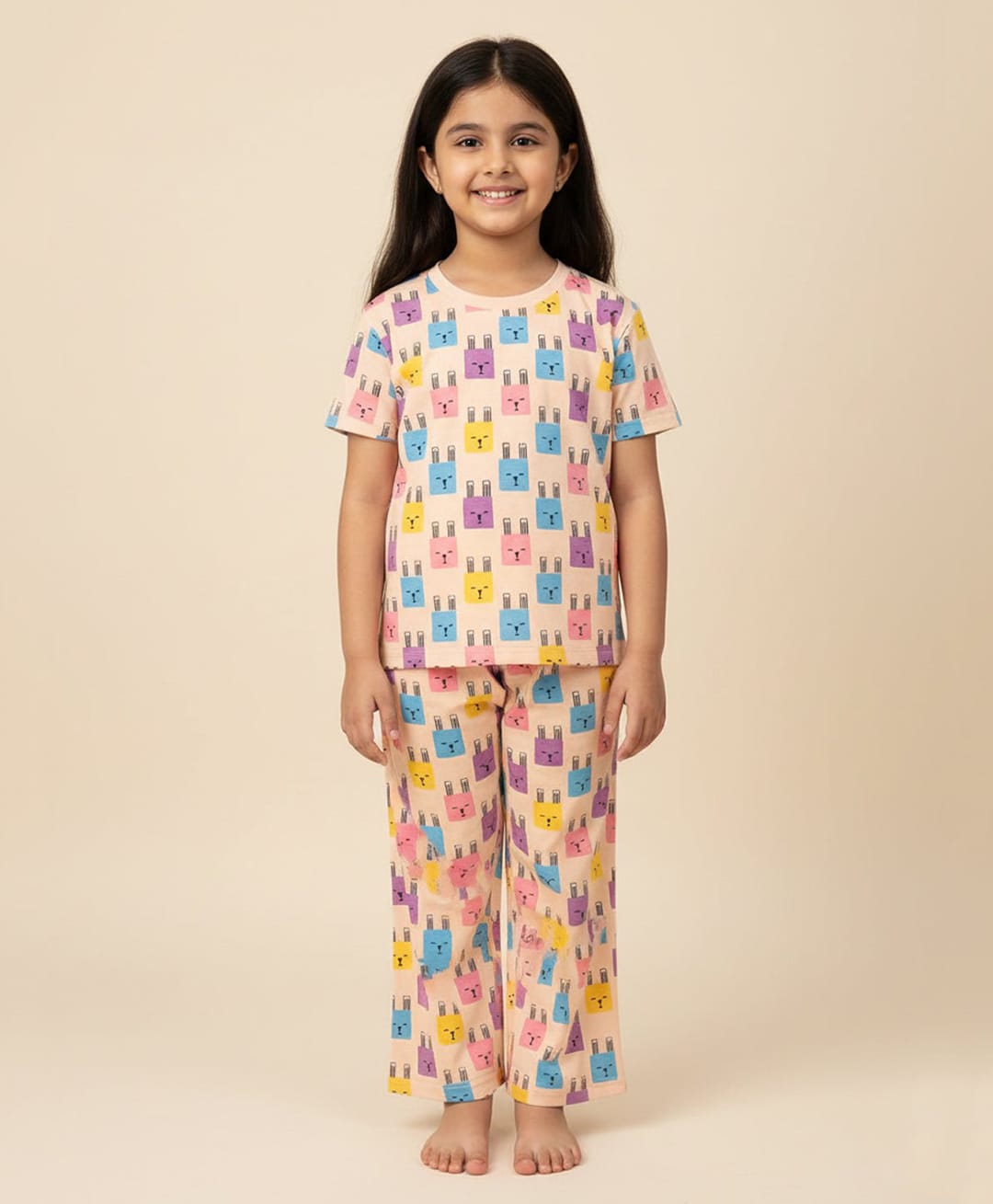 The Mom Store Cotton Knit Half Sleeves Bunny Printed Coordinating Night Suit Set - Peach-picture-38