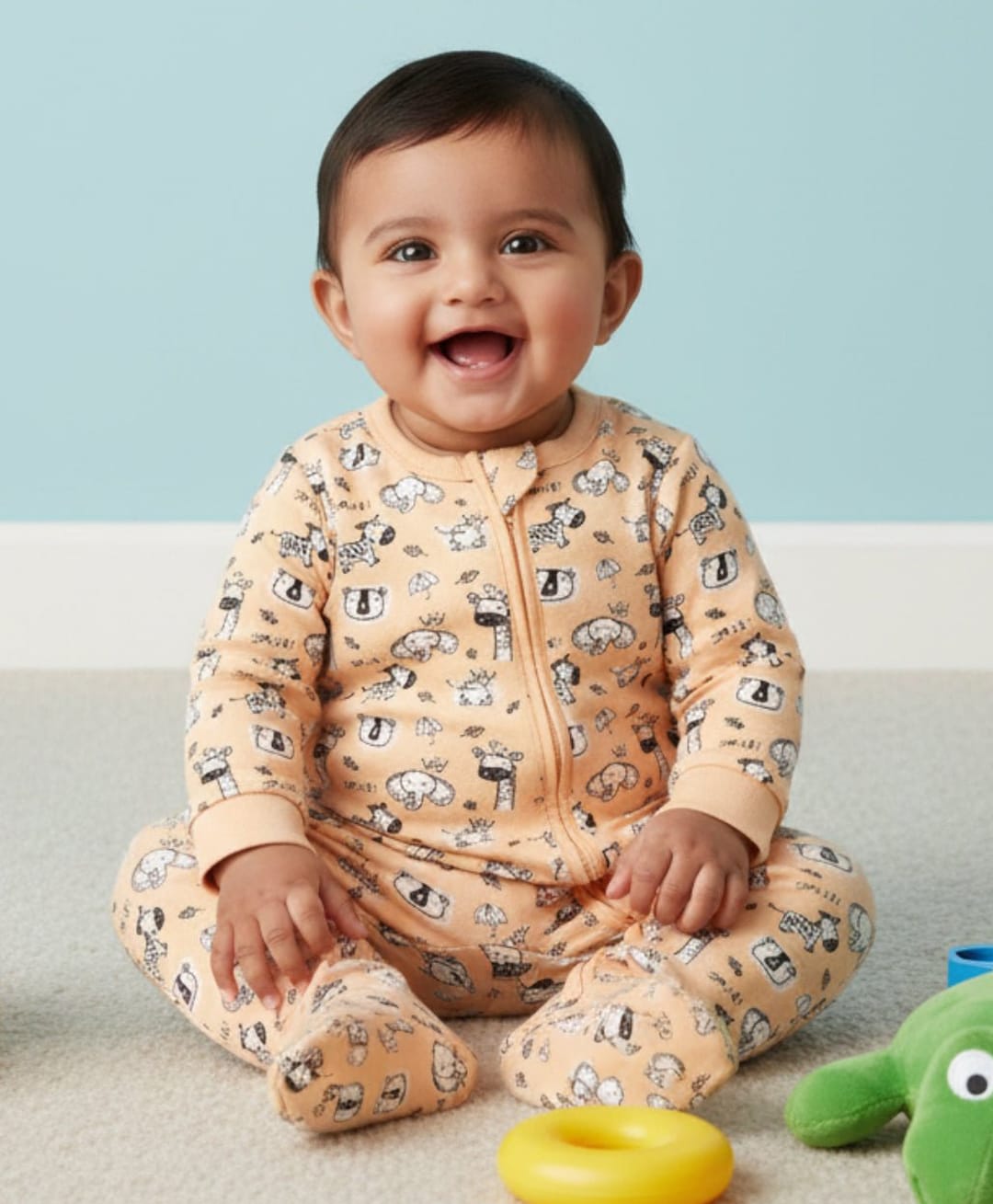 The Mom Store Cotton Knit Full Sleeves Animals Printed Romper - Orange-picture-2