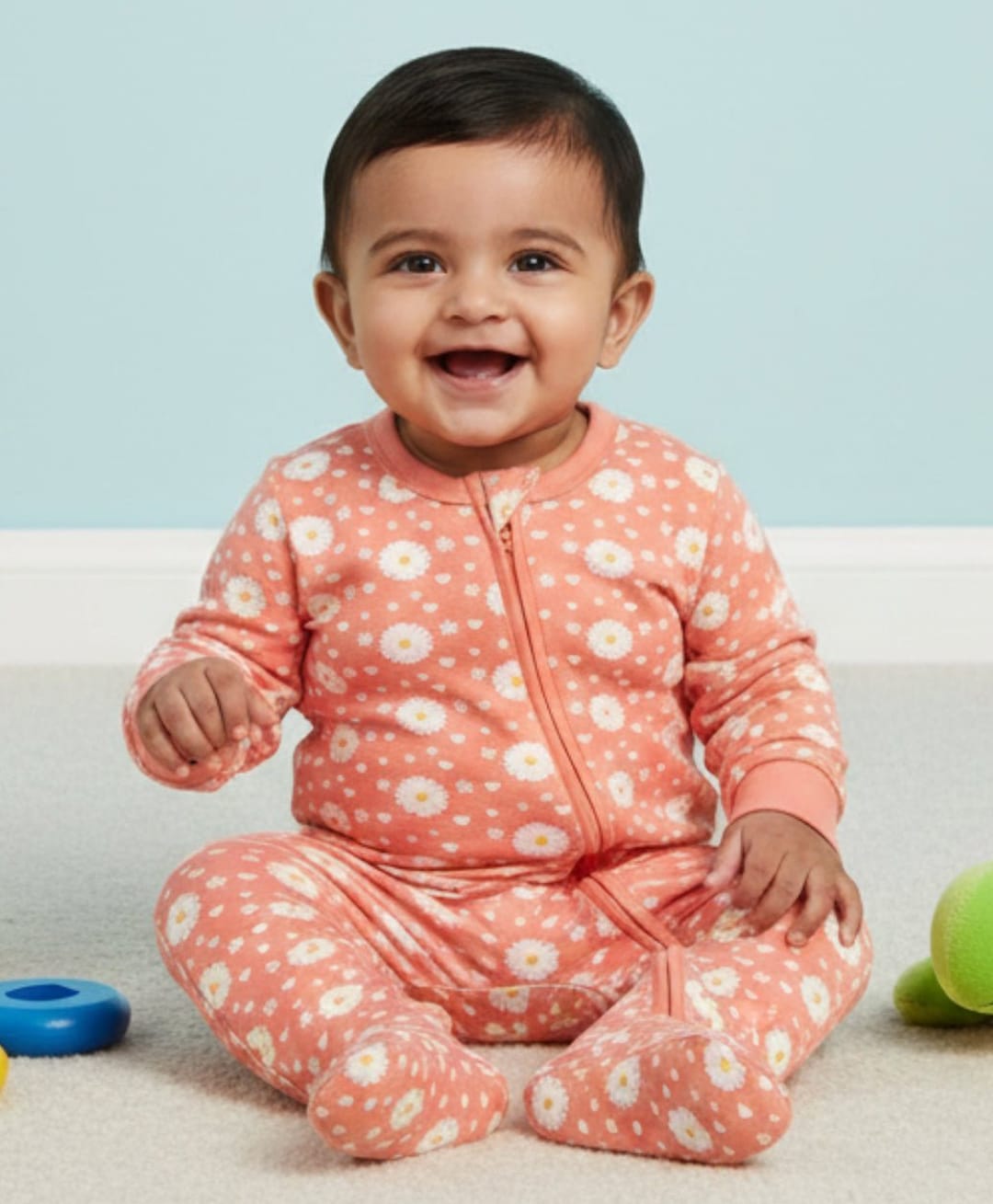 The Mom Store Cotton Knit Full Sleeves Floral Printed Footed Sleepsuit - Coral-image-27