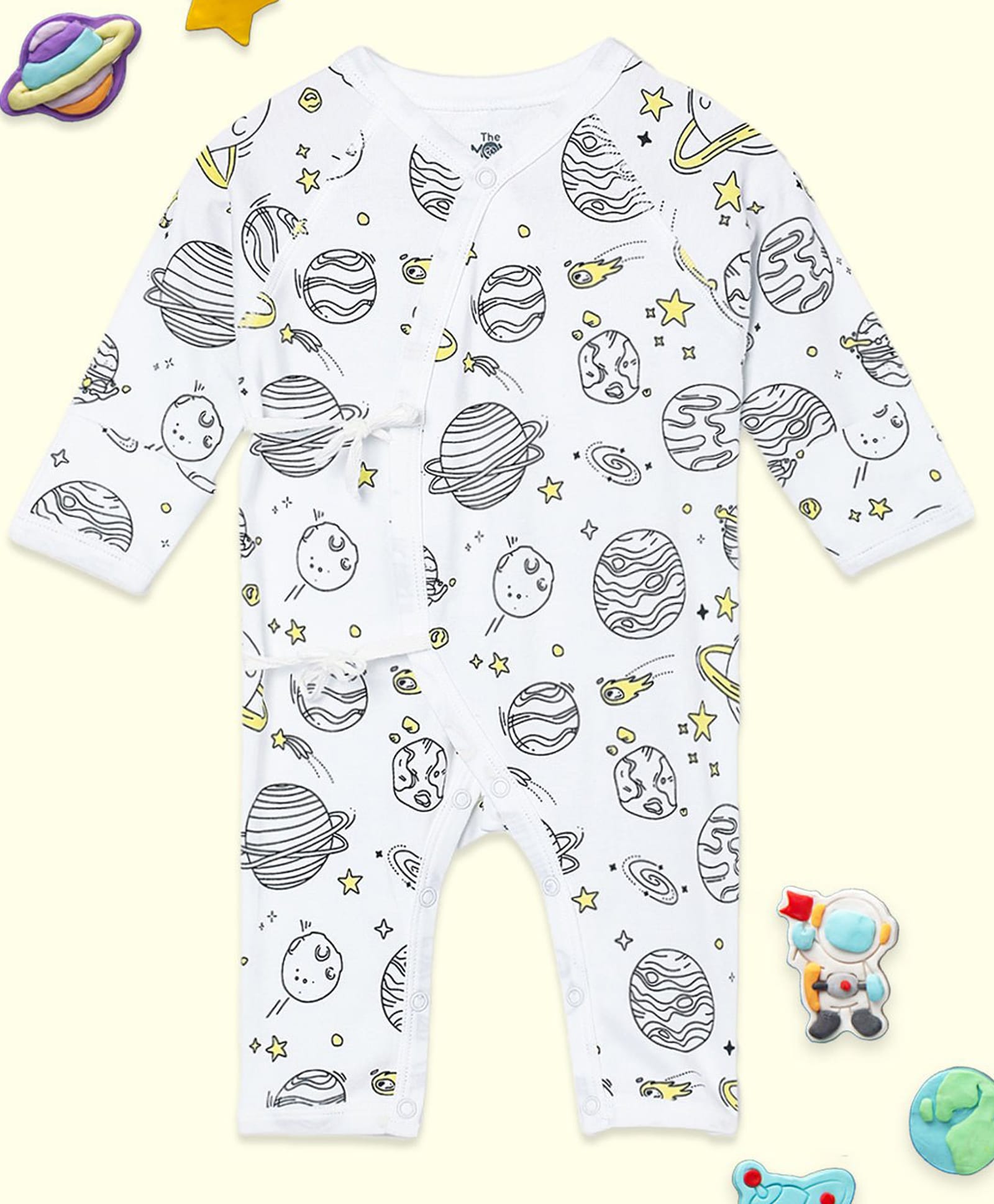 The Mom Store Cotton Knit Full Sleeves Space Printed Romper - White-image-14
