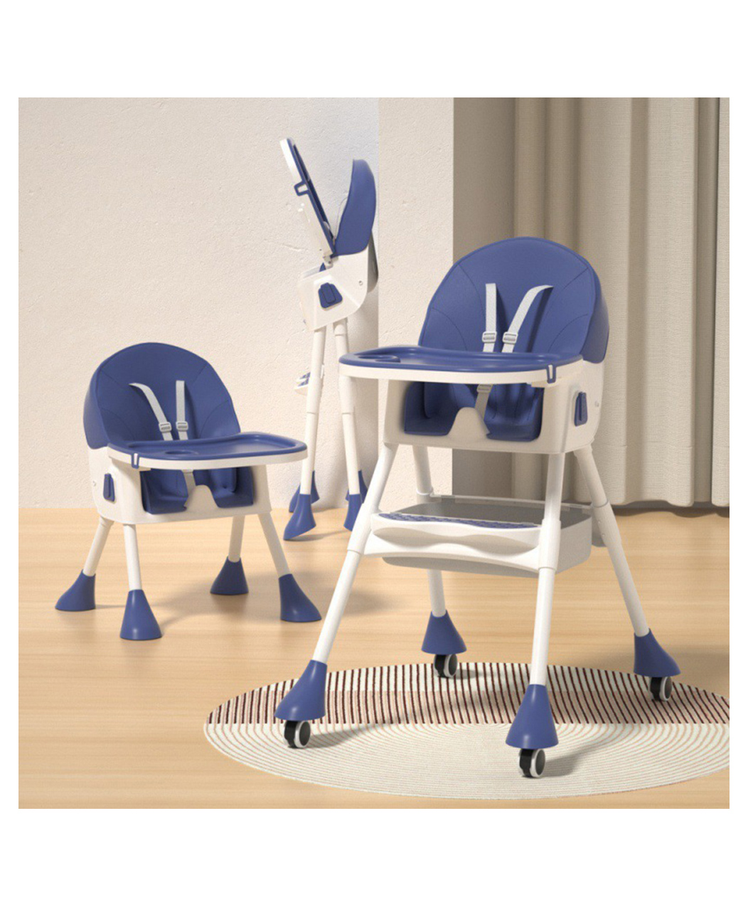 StarAndDaisy high Chair for Baby Chair for 0 to 3 Years, Foldable Feeding Chair with Adjustable Height & Removable Dining Tray & Wheels, Convertible Baby High Chair for Toddlers - Blue