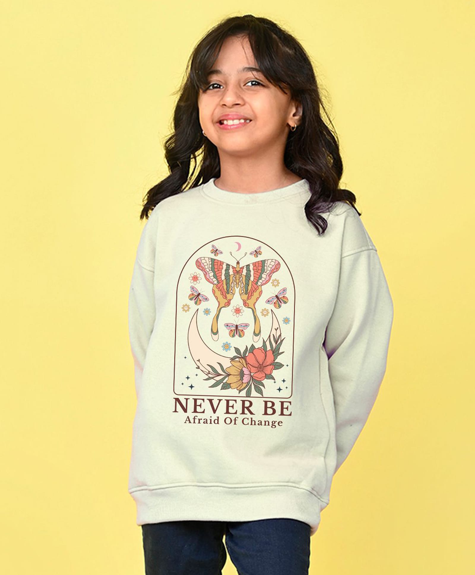 NUSYL Fleece Knit Full Sleeves Butterfly Printed Light Winter Sweatshirt - White-image-43