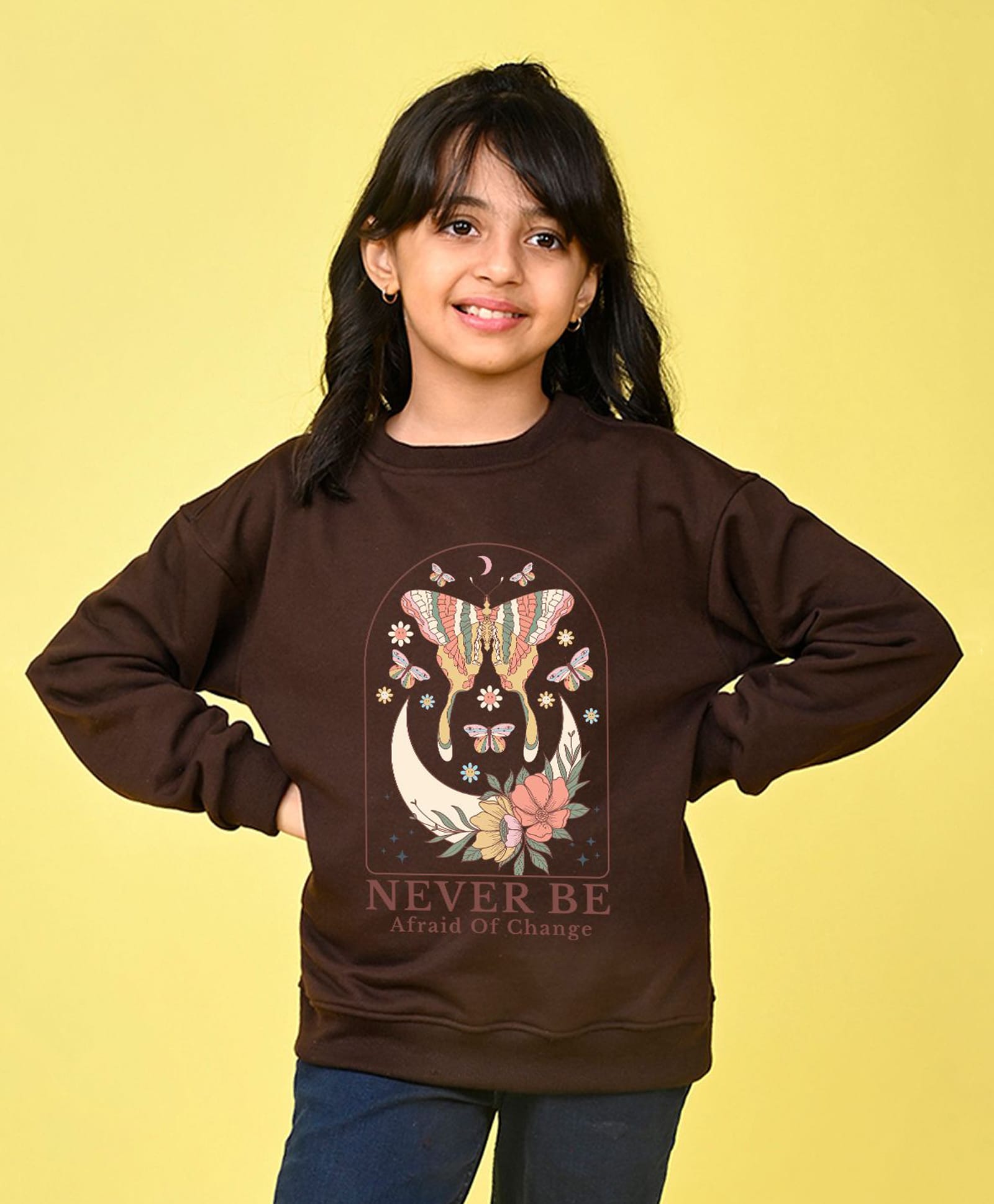 NUSYL Fleece Knit Full Sleeves Butterfly Printed Light Winter Sweatshirt - Brown-picture-25
