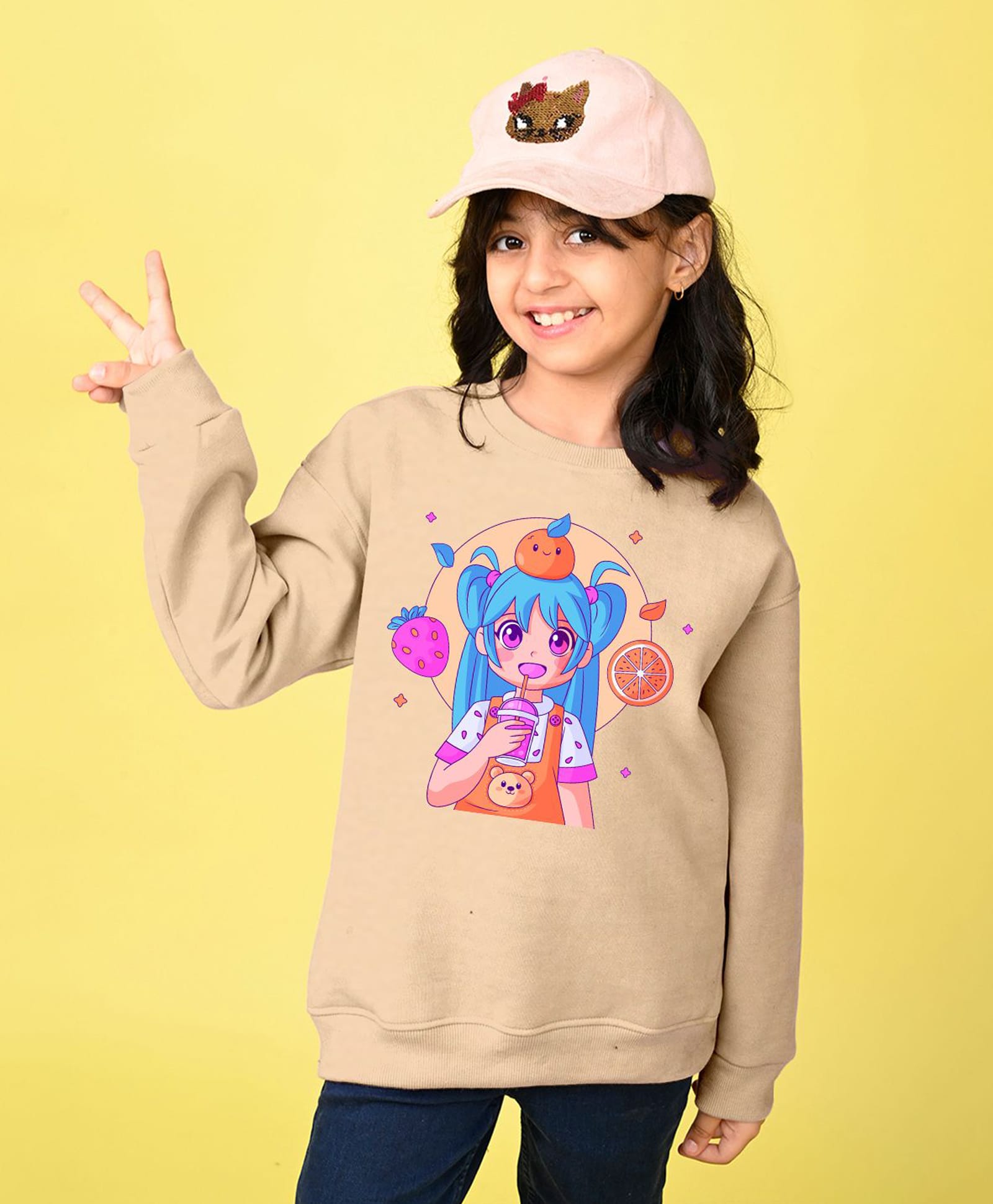 NUSYL Fleece Knit Full Sleeves Cute Girl Printed Light Winter Sweatshirt - Beige-picture-21