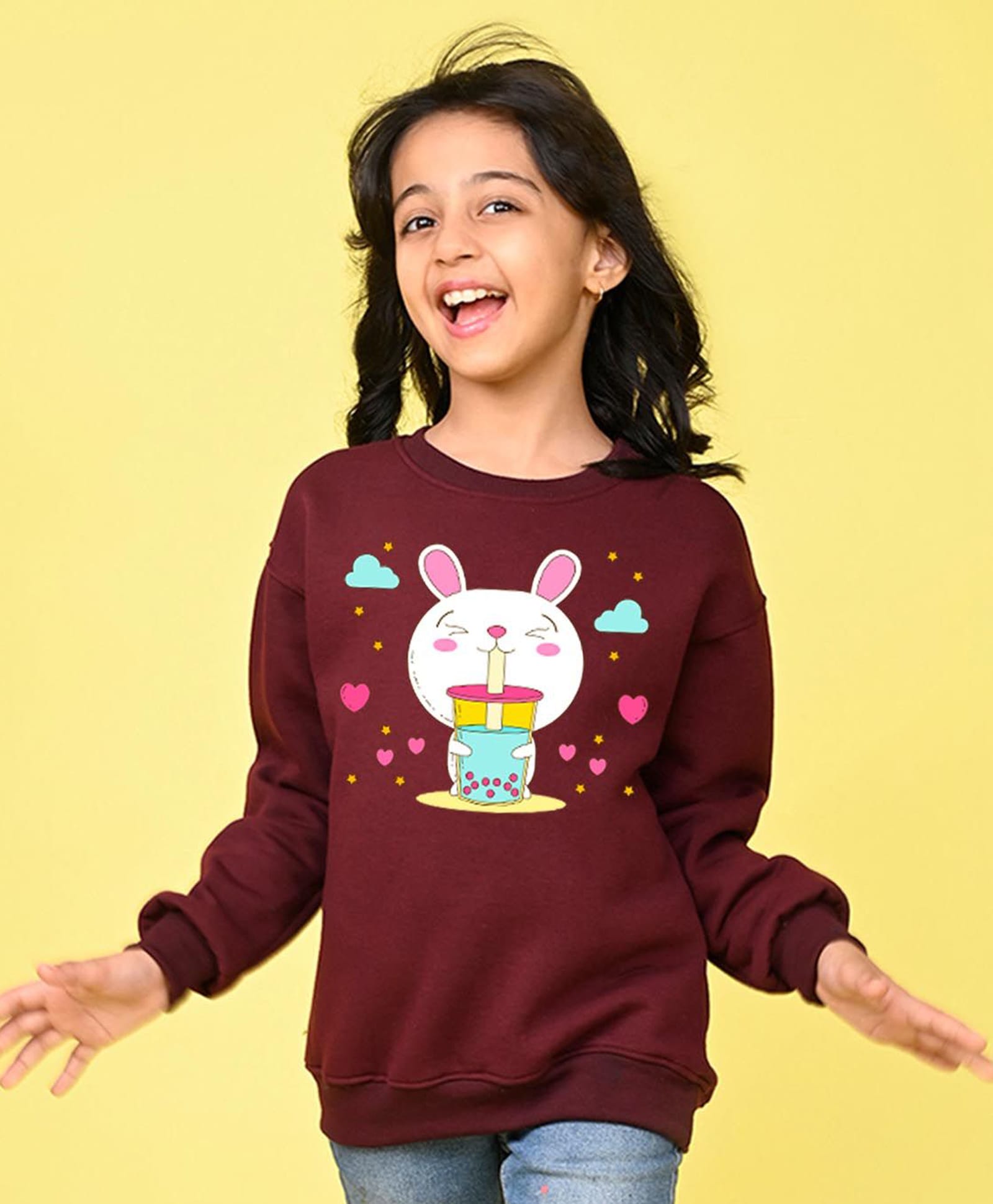NUSYL Fleece Knit Full Sleeves Bunny Cartoon Printed Light Winter Sweatshirt - Maroon-picture-48