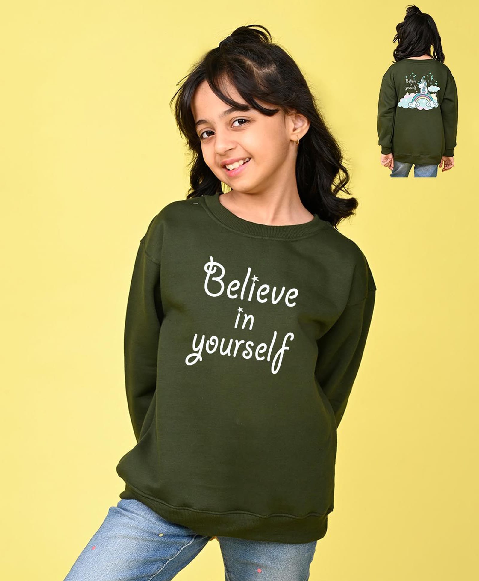 NUSYL Fleece Knit Full Sleeves Believe In Yourself Text Printed Light Winter Sweatshirt - Olive Green-picture-41