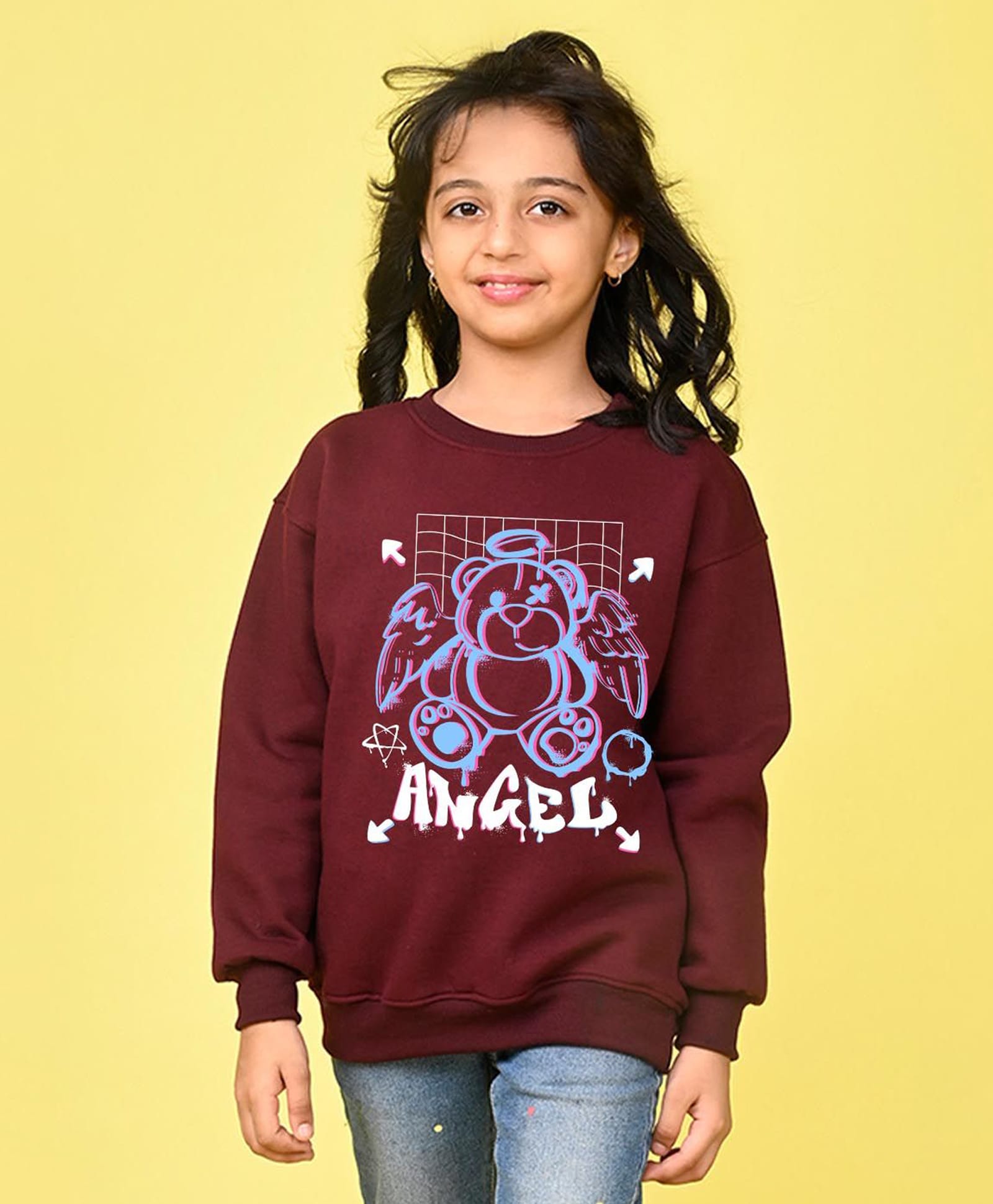 NUSYL Fleece Knit Full Sleeves Angel Text Printed Light Winter Sweatshirt - Maroon-picture-14