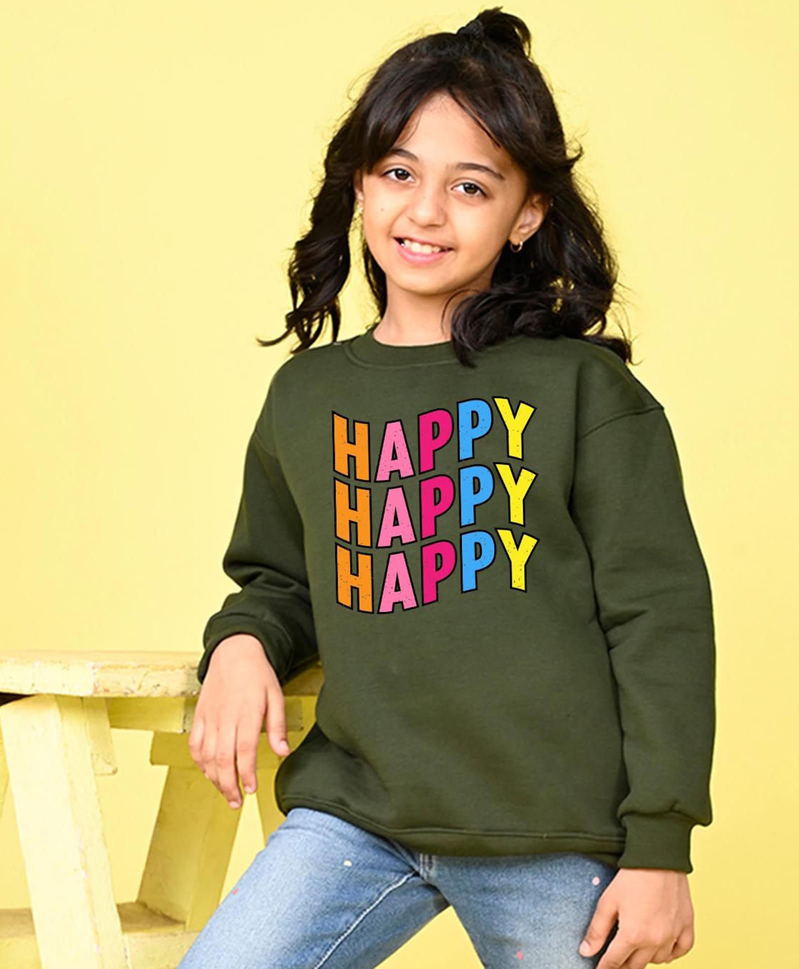 NUSYL Fleece Knit Full Sleeves Happy Text Printed Light Winter Sweatshirt - Olive Green-image-29