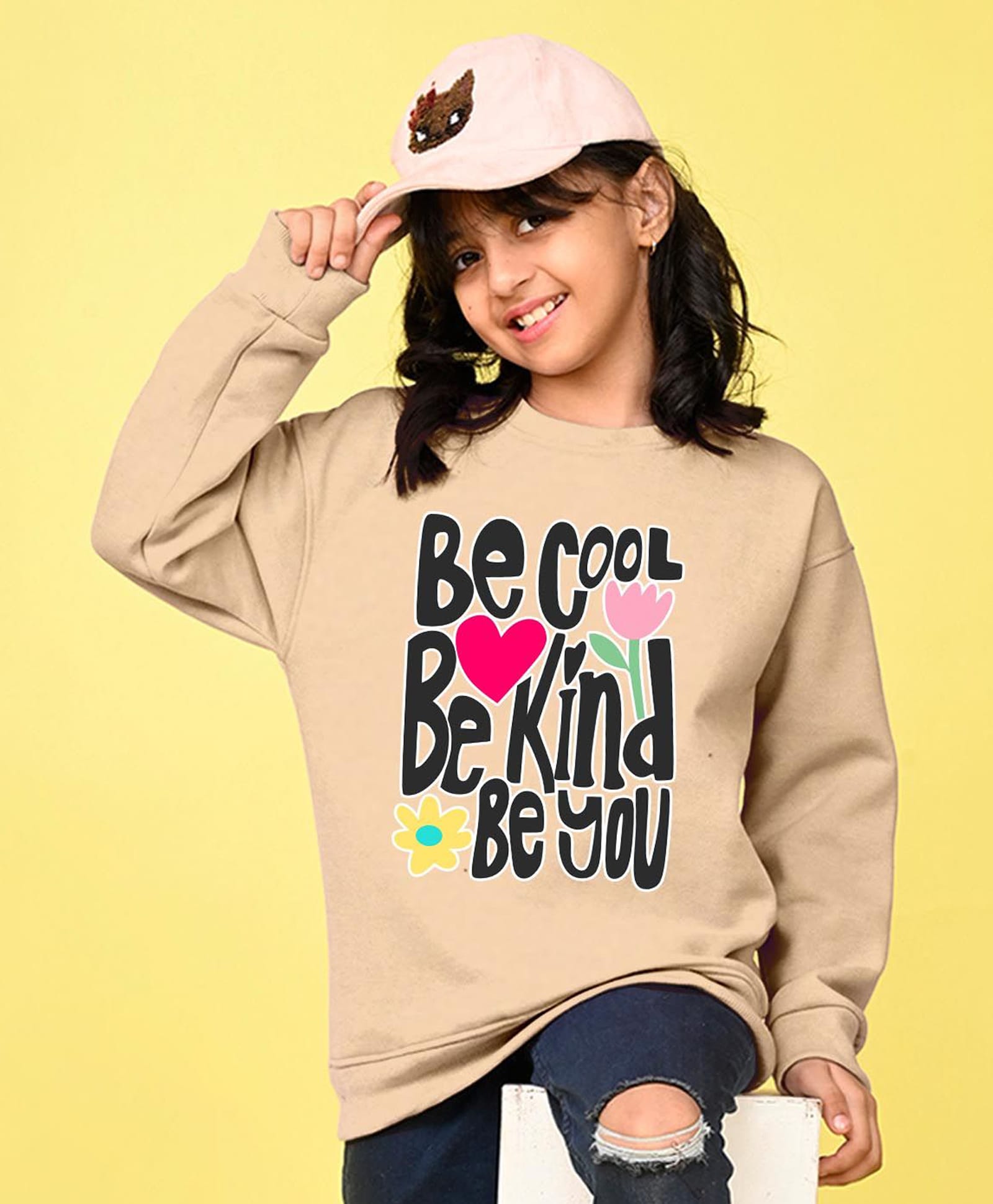 NUSYL Fleece Knit Full Sleeves Be Cool Be Kind Text Printed Light Winter Sweatshirt - Beige-picture-21
