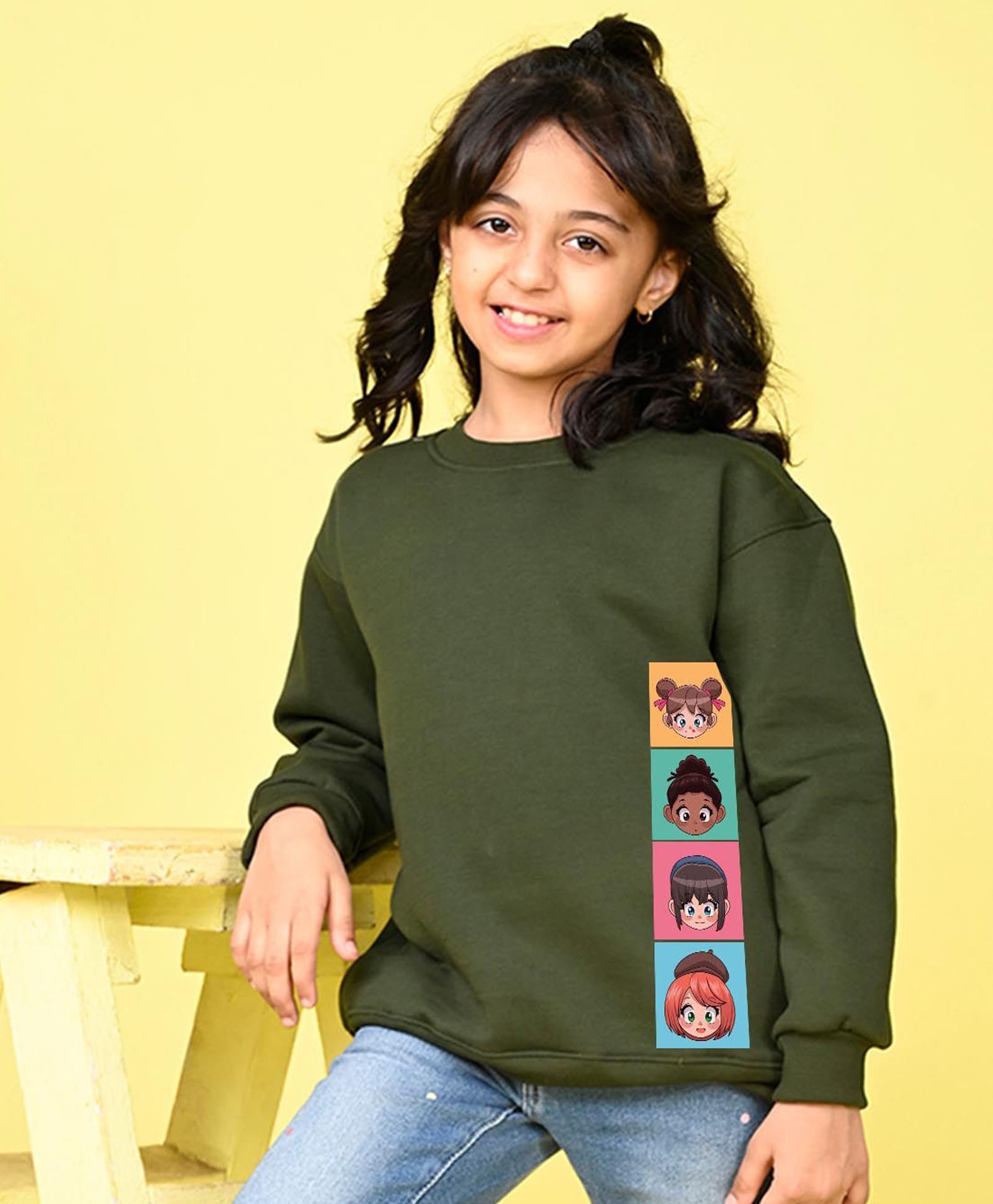 NUSYL Fleece Knit Full Sleeves Multi Character Printed Light Winter Sweatshirt - Olive Green-picture-18