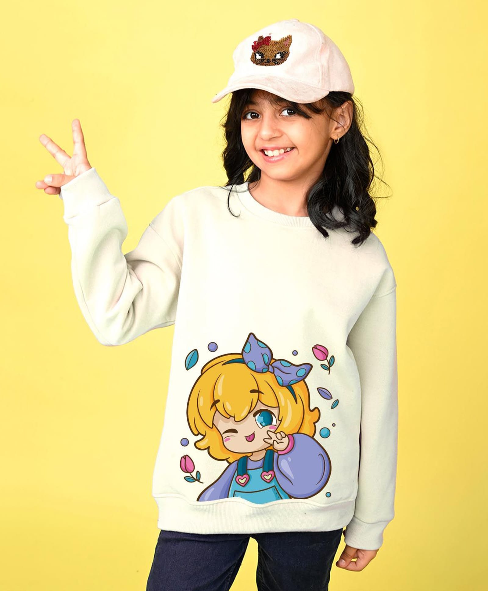 NUSYL Fleece Knit Full Sleeves Cute Girl Printed Light Winter Sweatshirt - White-image-26