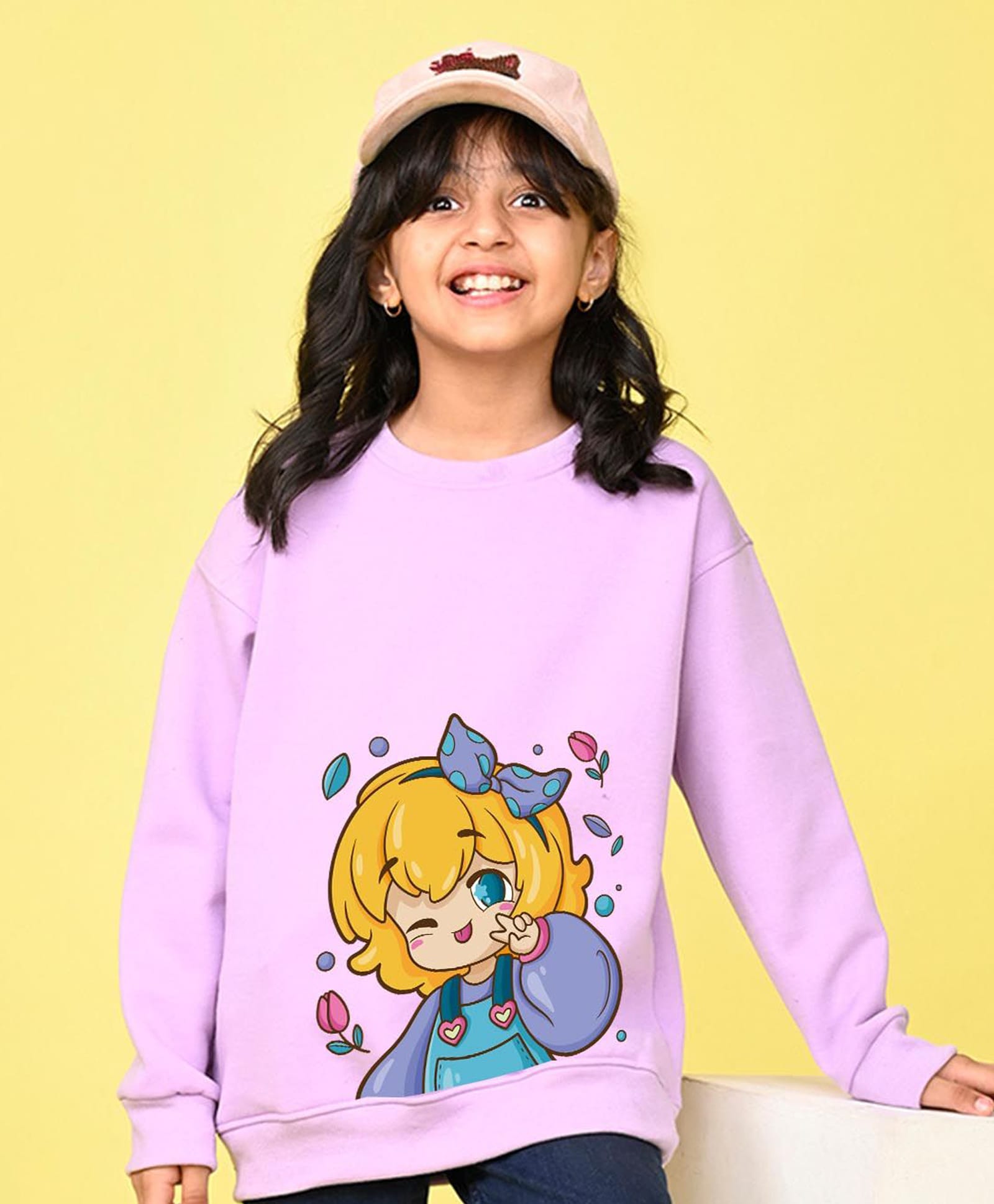 NUSYL Fleece Knit Full Sleeves Cute Girl Printed Light Winter Sweatshirt - Lilac-picture-28