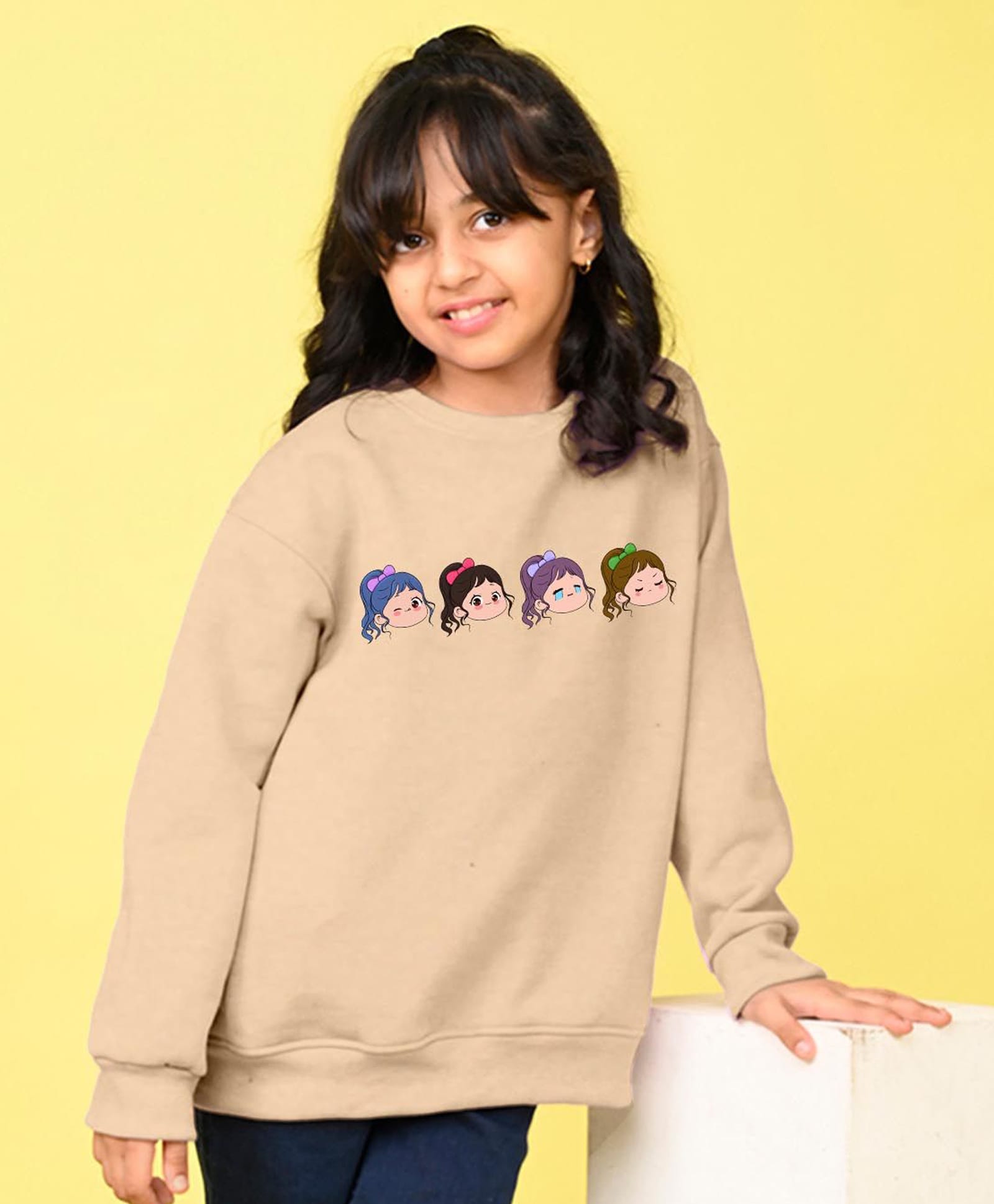 NUSYL Fleece Knit Full Sleeves Cute Girls Printed Light Winter Sweatshirt - Beige-picture-13