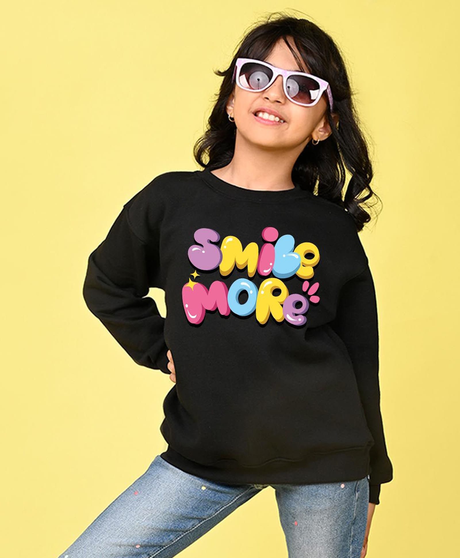 NUSYL Fleece Knit Full Sleeves Smile More Text Printed Light Winter Sweatshirt - Black-picture-14