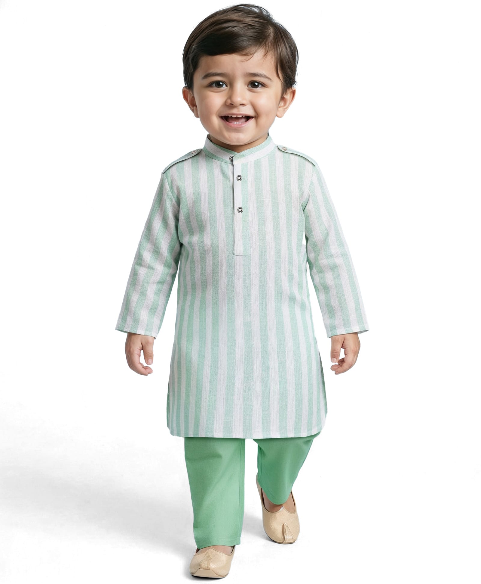 EARTHY TOUCH Cotton Flax Woven Full Sleeves Striped Kurta Pyjama Set - White & Green-image-10