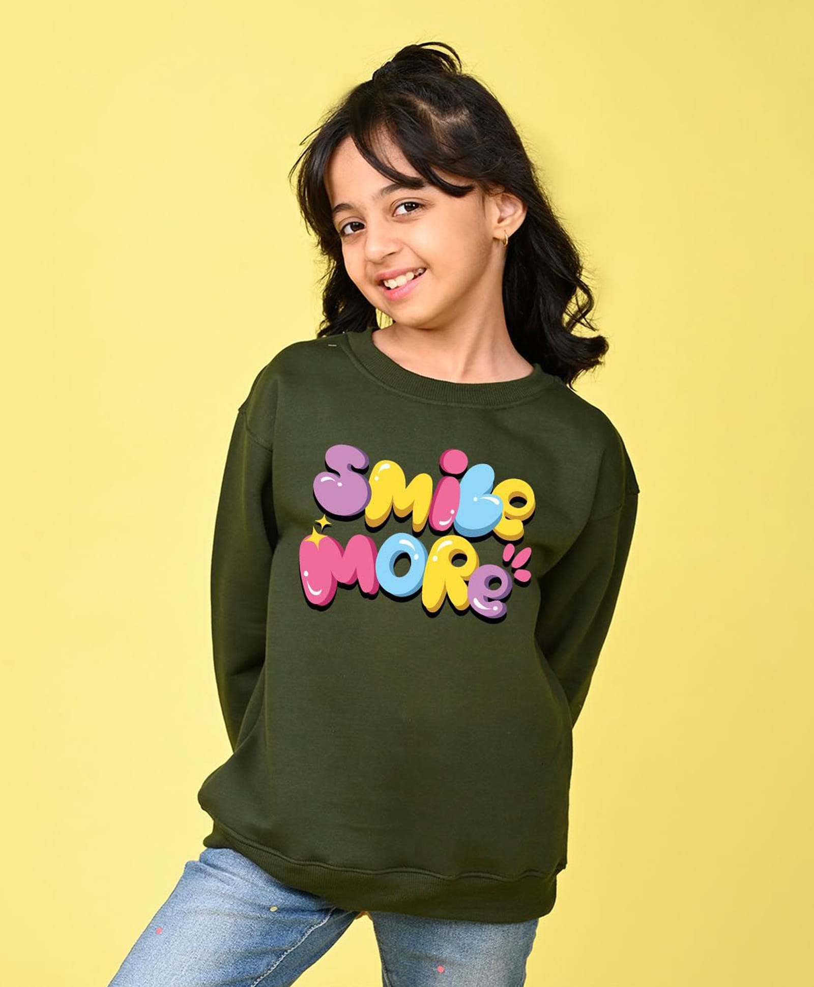 NUSYL Fleece Knit Full Sleeves Smile More Text Printed Light Winter Sweatshirt - Olive Green-picture-23