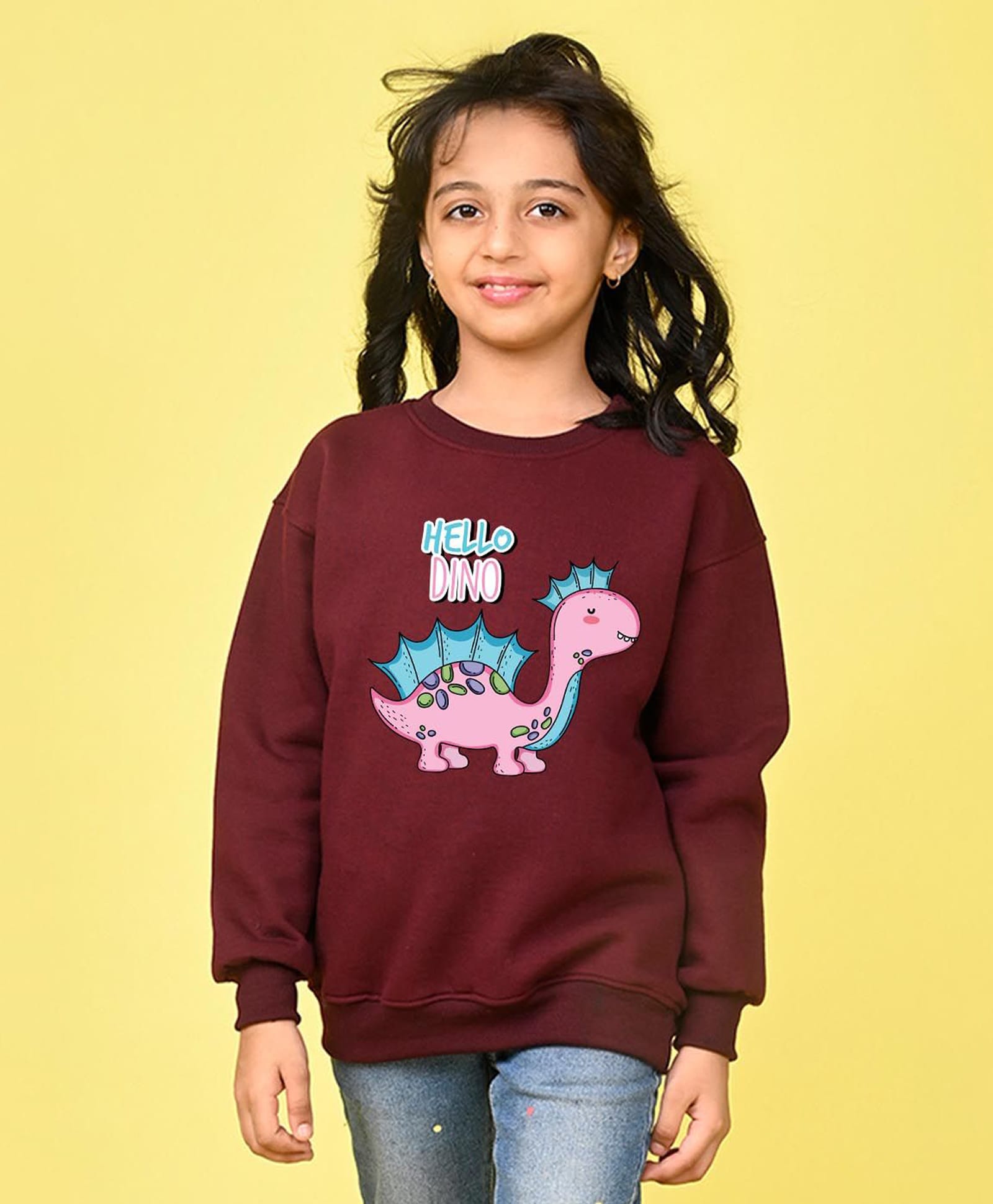 NUSYL Fleece Knit Full Sleeves Hello Dino Text Printed Light Winter Sweatshirt - Maroon-picture-49