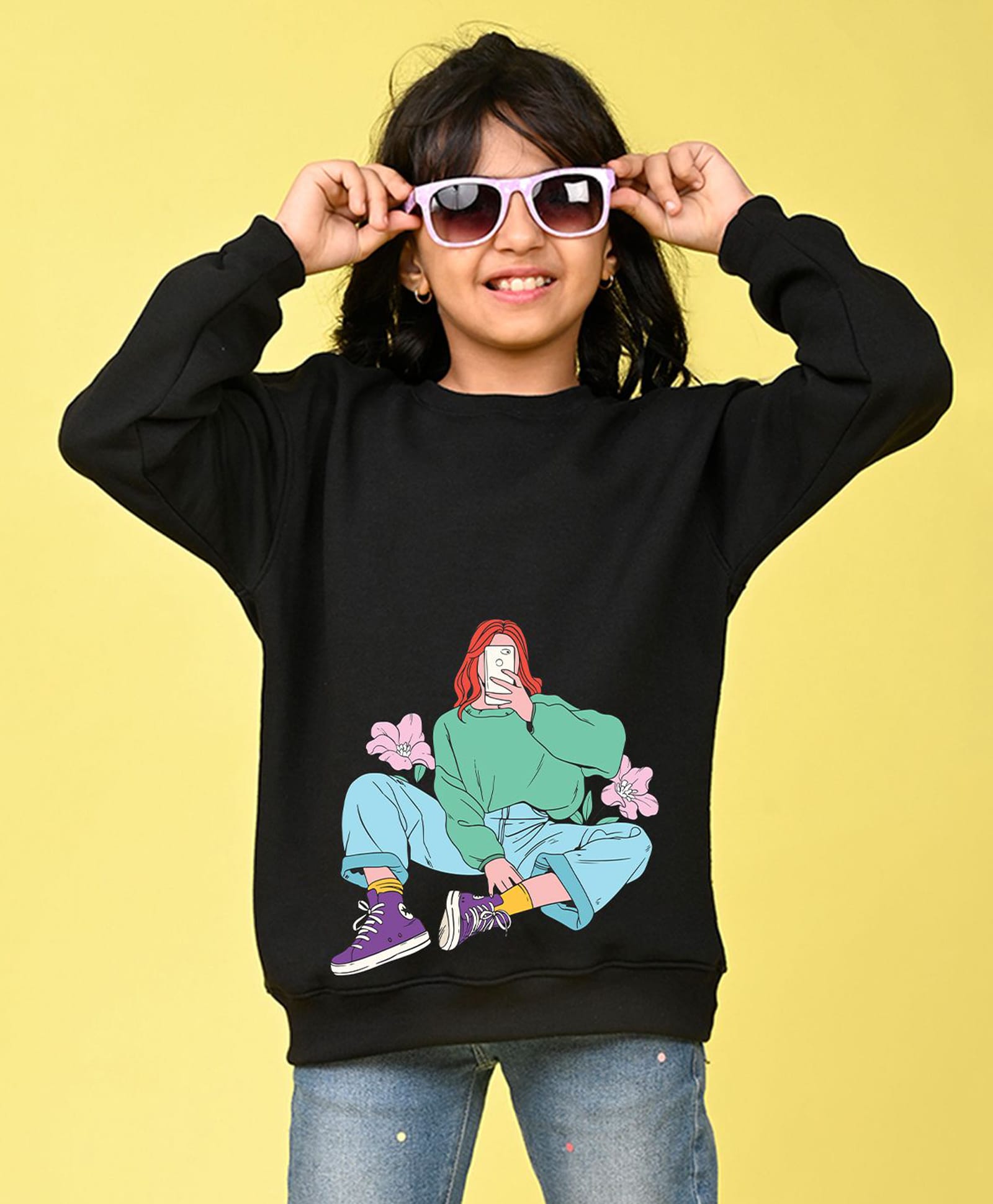 NUSYL Fleece Knit Full Sleeves Girl Printed Light Winter Sweatshirt - Black-picture-20