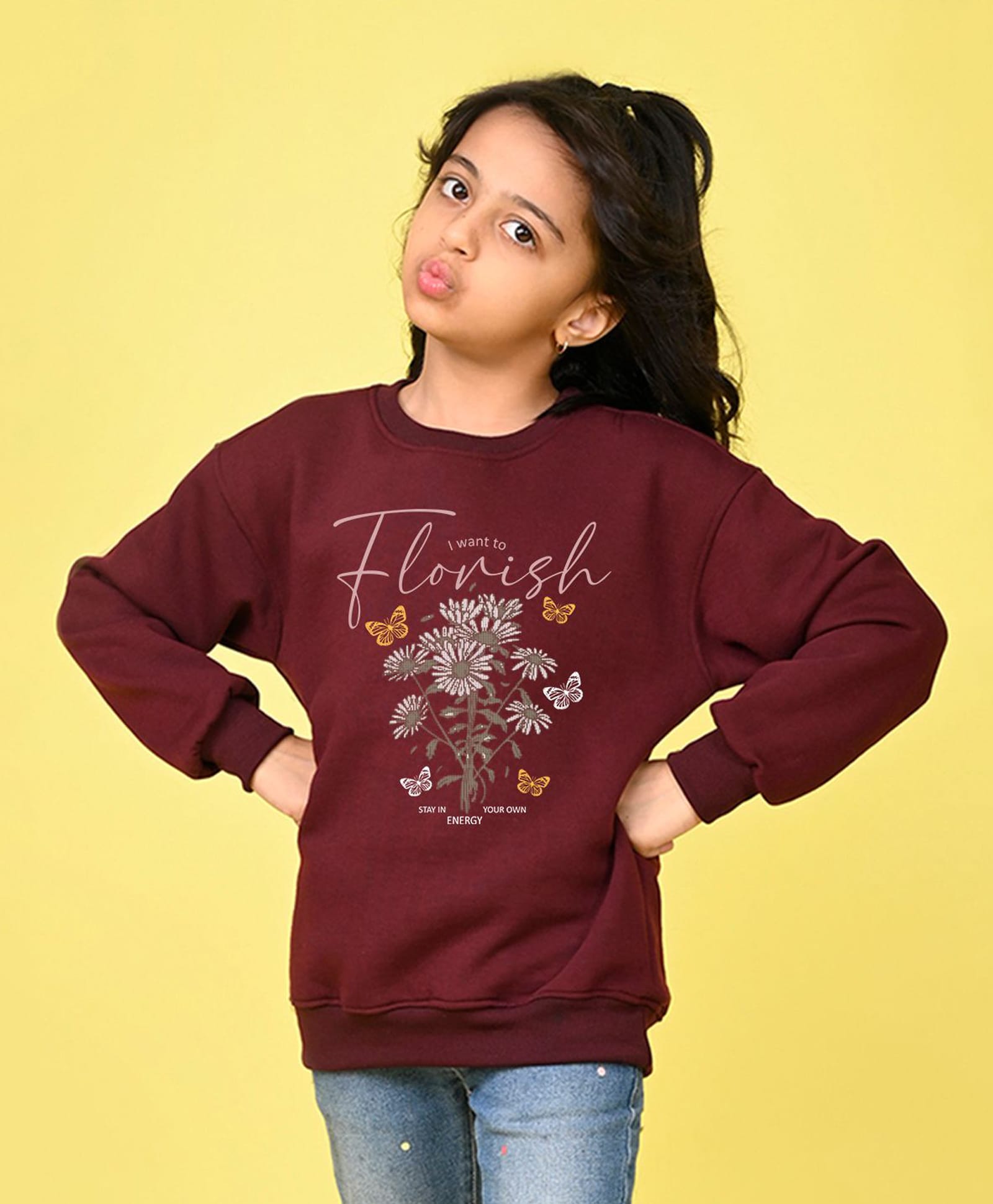 NUSYL Fleece Knit Full Sleeves Floral Printed Light Winter Sweatshirt - Maroon-picture-39