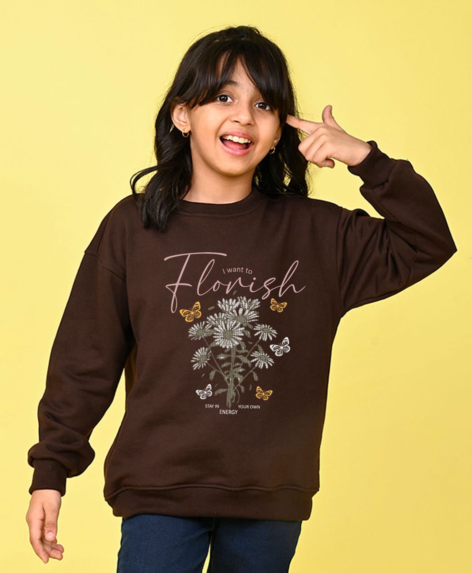 NUSYL Fleece Knit Full Sleeves Floral Printed Light Winter Sweatshirt - Brown-picture-25