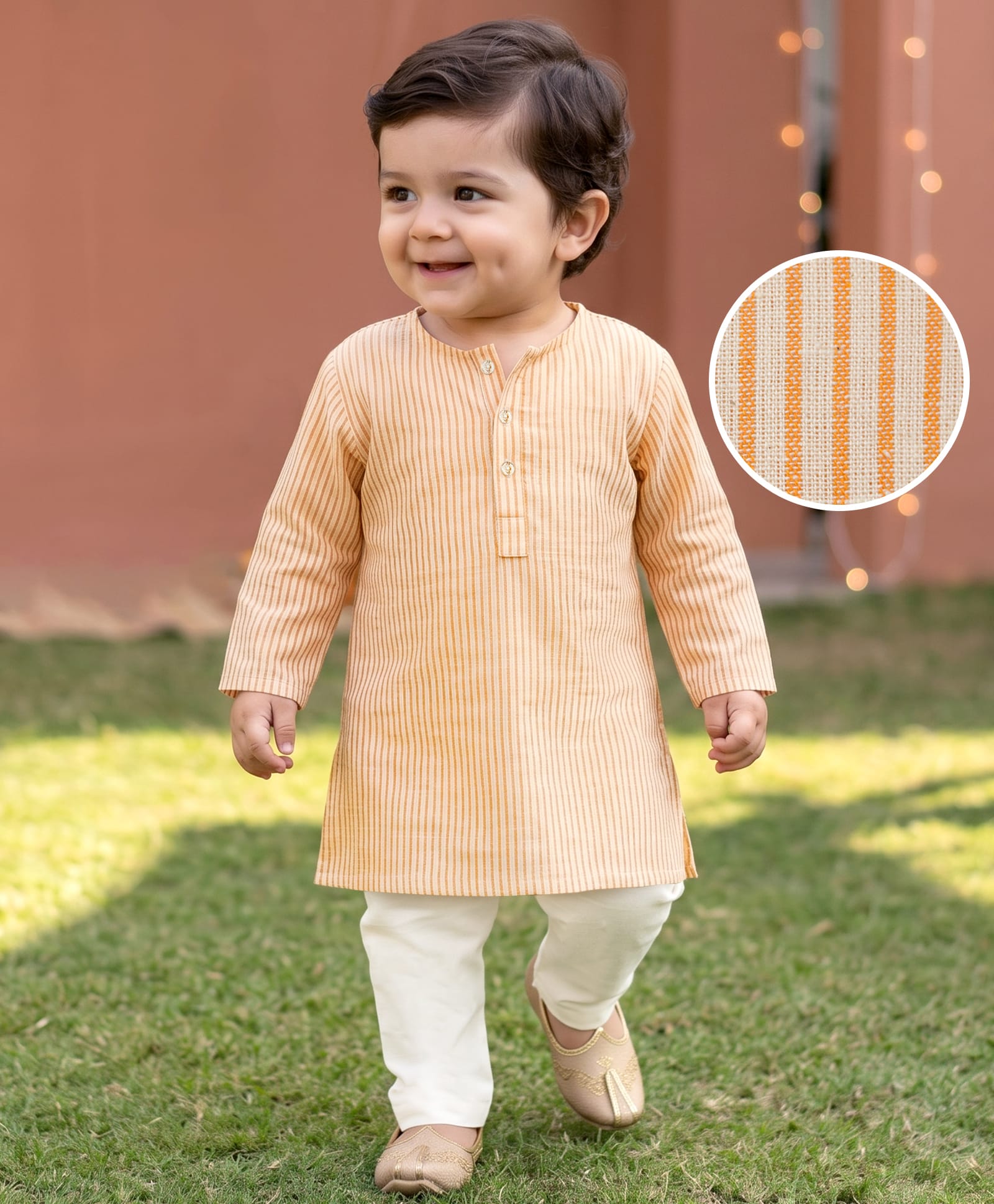 EARTHY TOUCH Cotton Flax Woven Full Sleeves Striped Kurta Pyjama Set - White-image-45