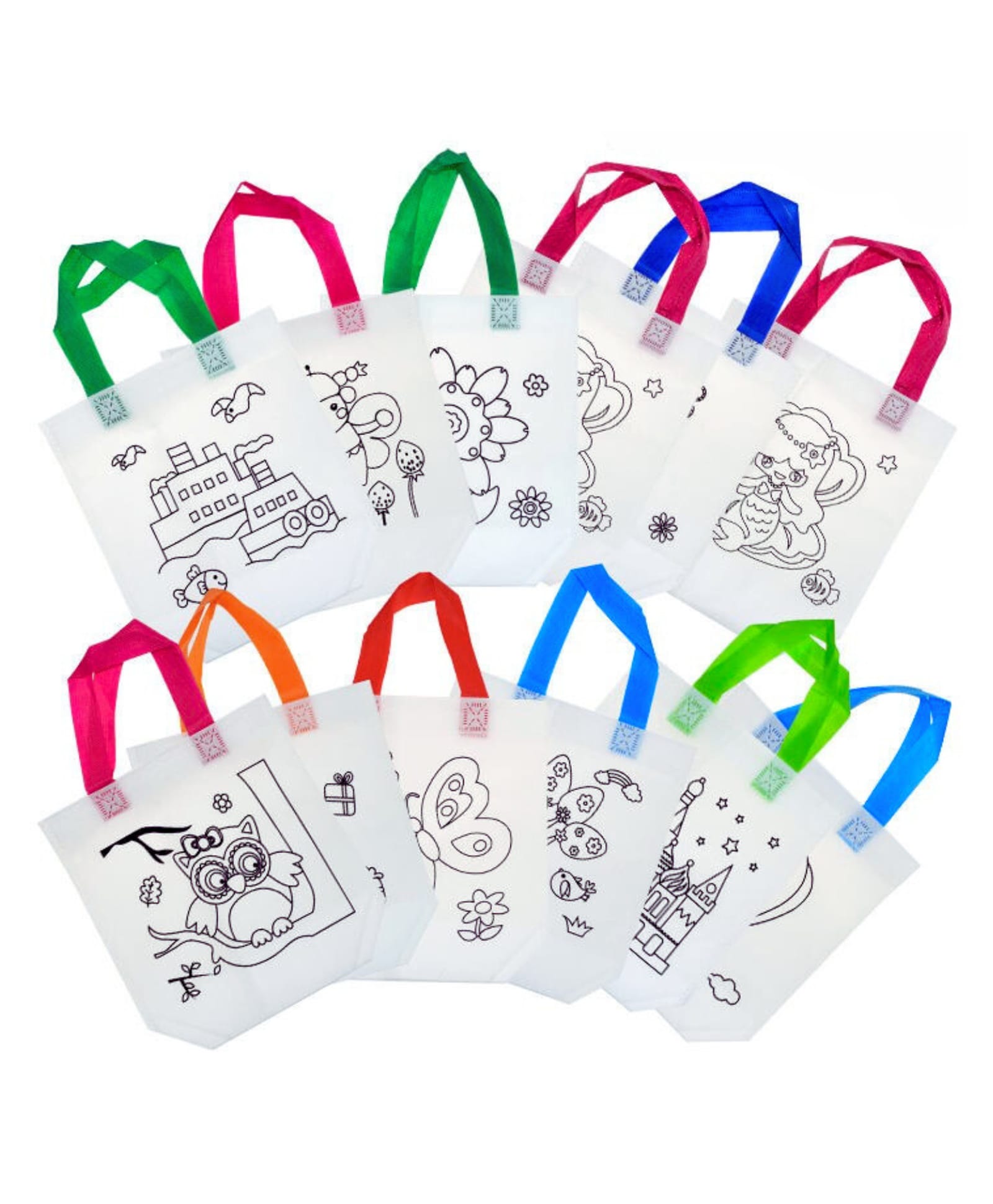 IncyWincy DIY Canvas Colour Your Own Gift Bags for Kids (Pack of 12) Paintable Reusable Craft Tote, Birthday Return Gift Activity (30cm x 22cm x 9cm)