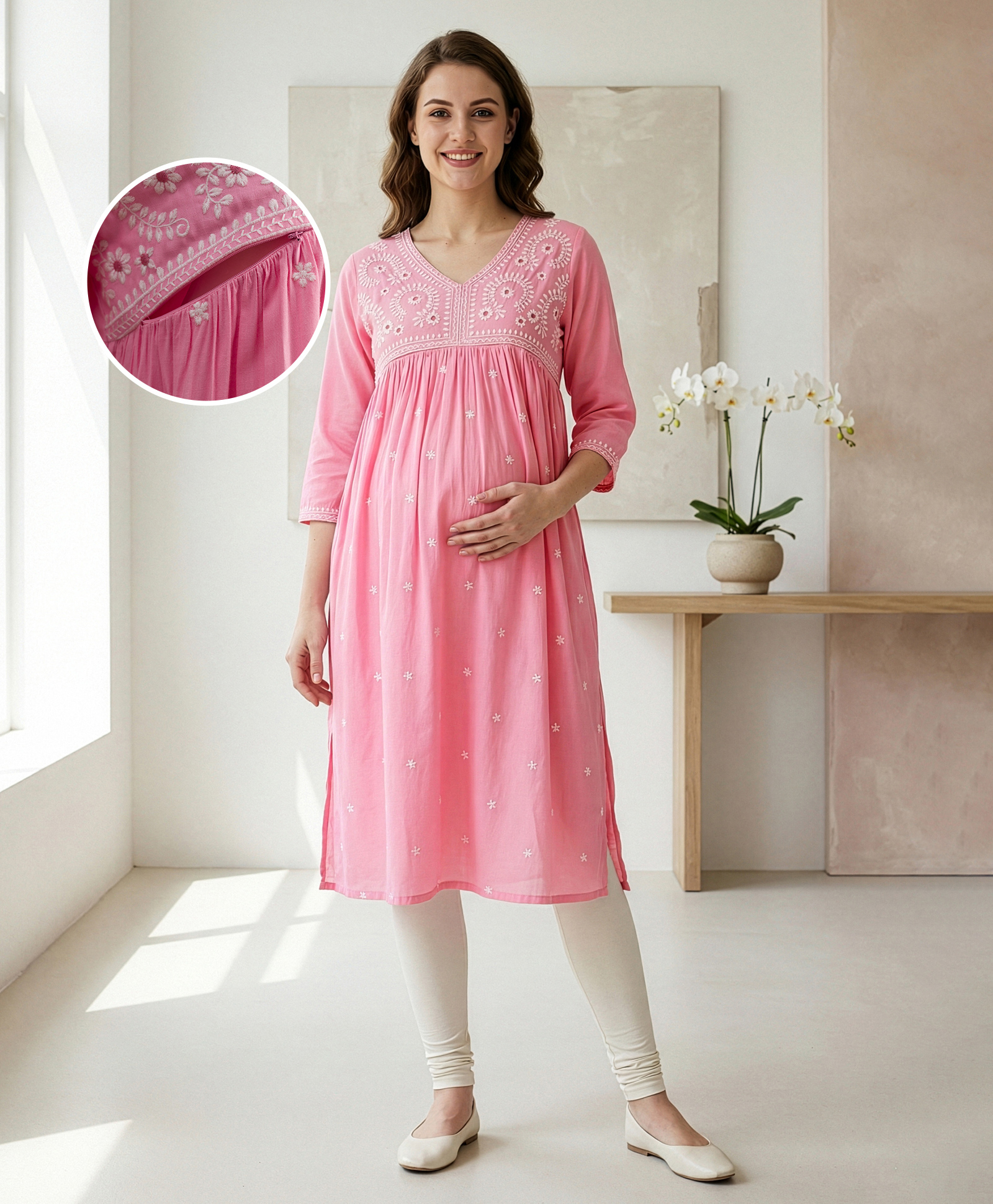 Bella Mama 100% Viscose Woven Three Forth Sleeves Maternity Kurta With Floral Embroidered Yoke - Pink