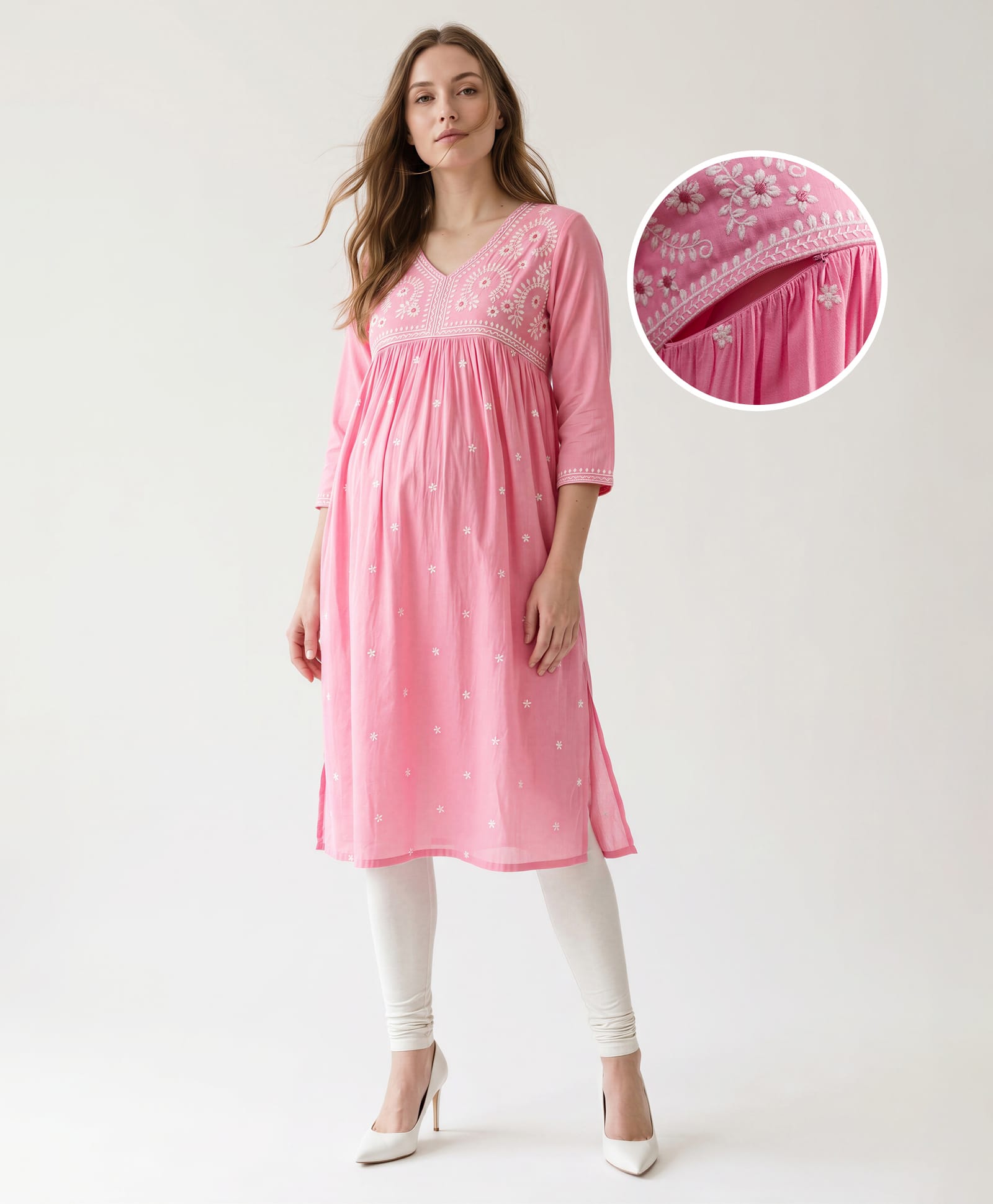Bella Mama 100% Viscose Woven Three Forth Sleeves Maternity Kurta With Floral Embroidered Yoke - Pink-image-17