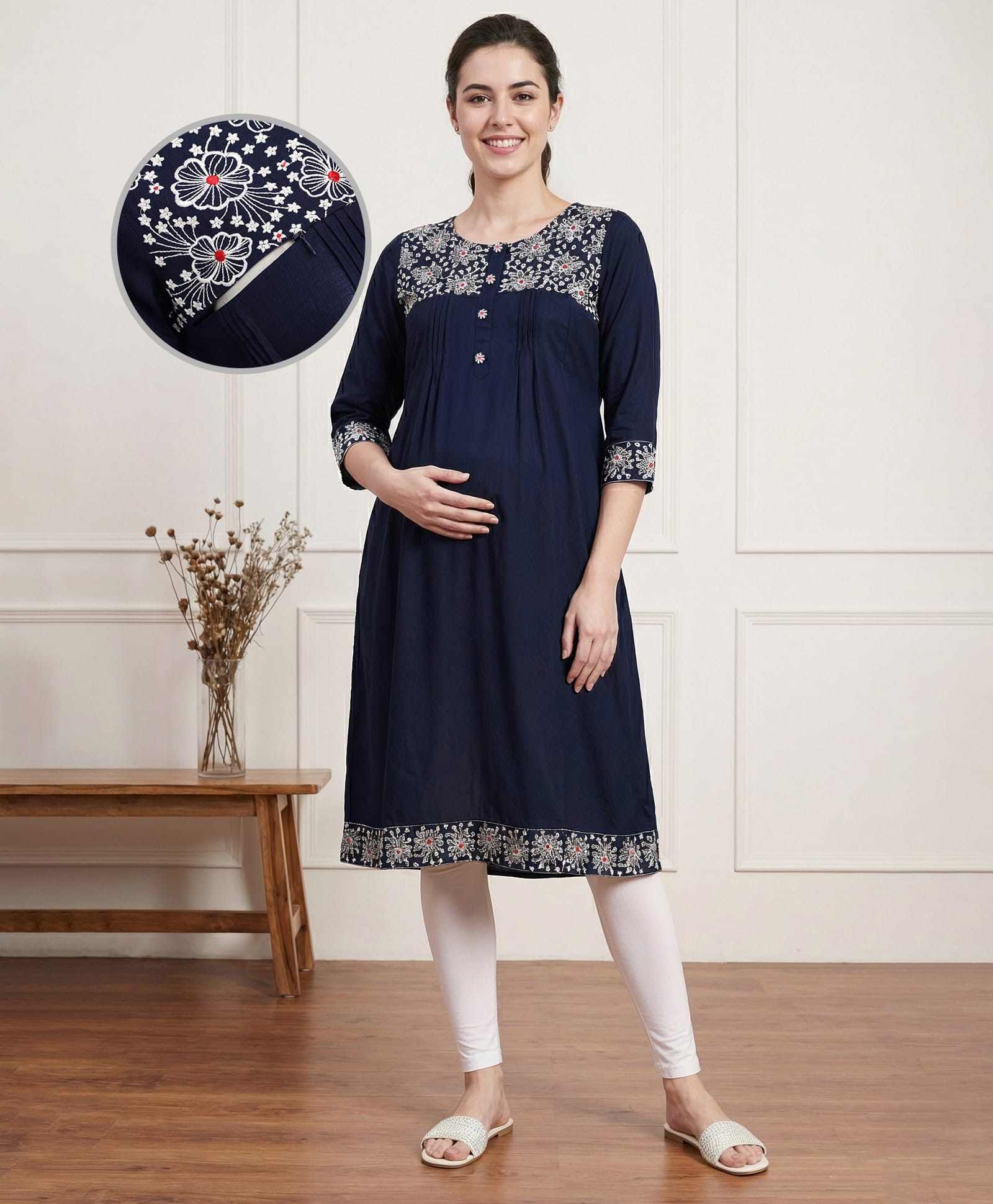Bella Mama Woven Three Fourth Sleeves Maternity Kurta With Floral Embroidered Yoke - Navy Blue