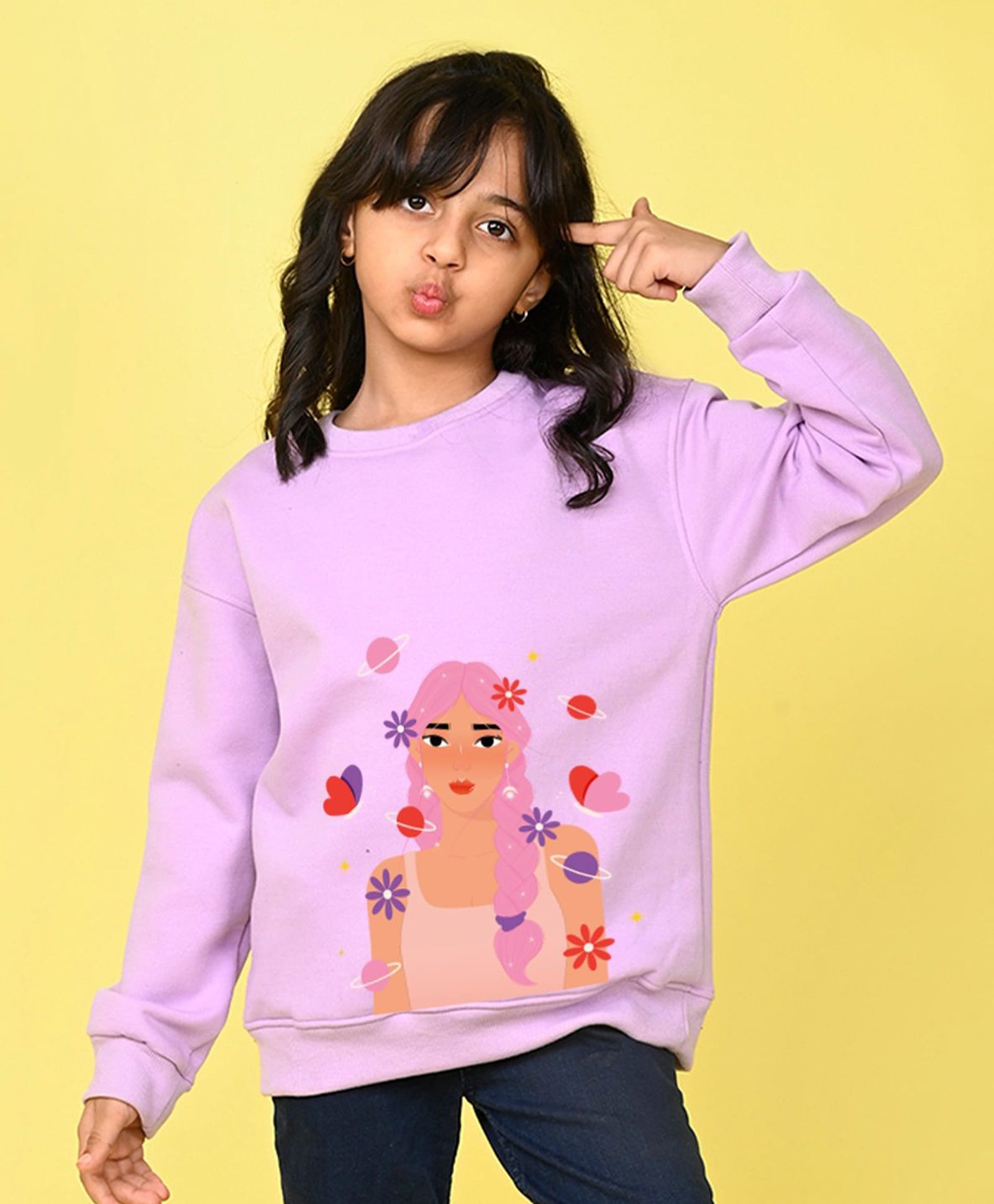 NUSYL Fleece Knit Full Sleeves Beautiful Girl Printed Light Winter Sweatshirt - Lilac-picture-17