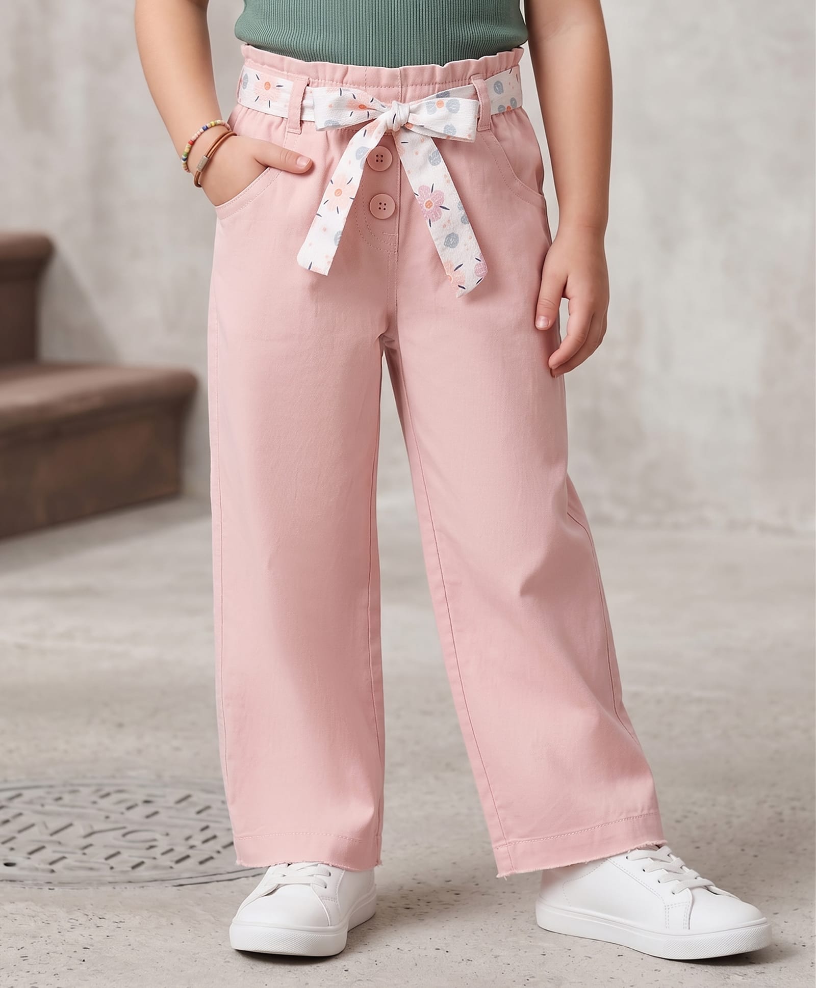 Kookie Kids Cotton Woven Full Length Solid Lounge Pant With Belt - Light Pink-image-4