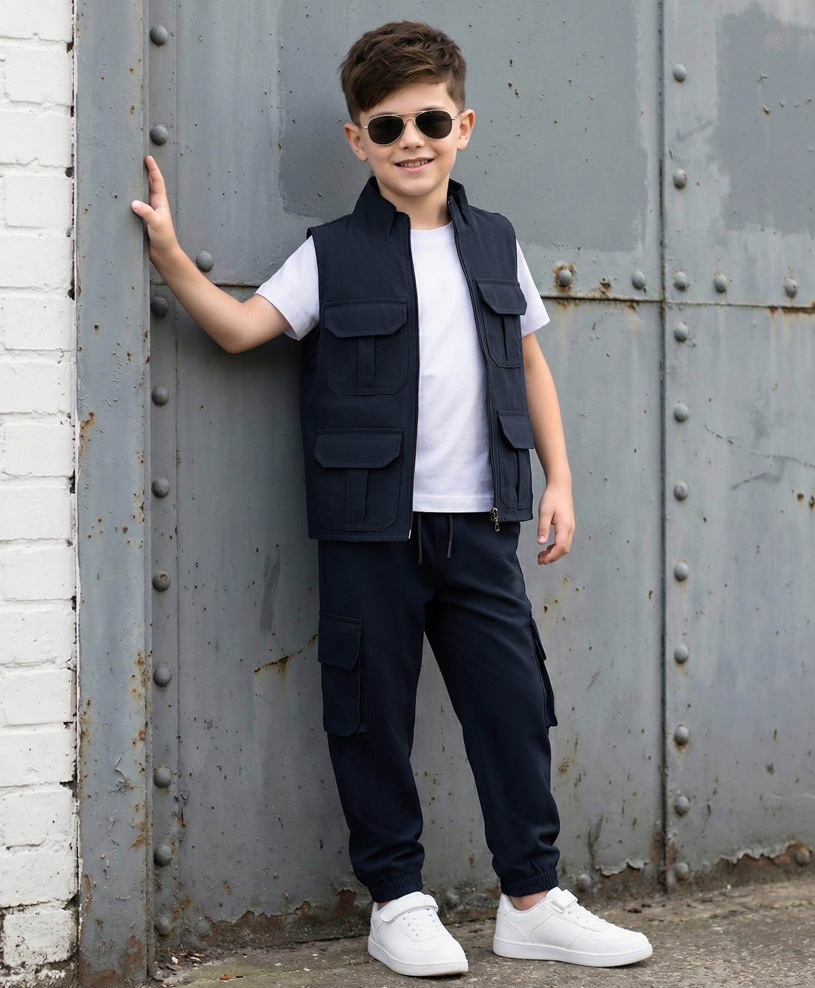 OLLINGTON ST.Half Sleeves Shirt & Lounge Pant Set With Inner Tee - White & Grey-image-0