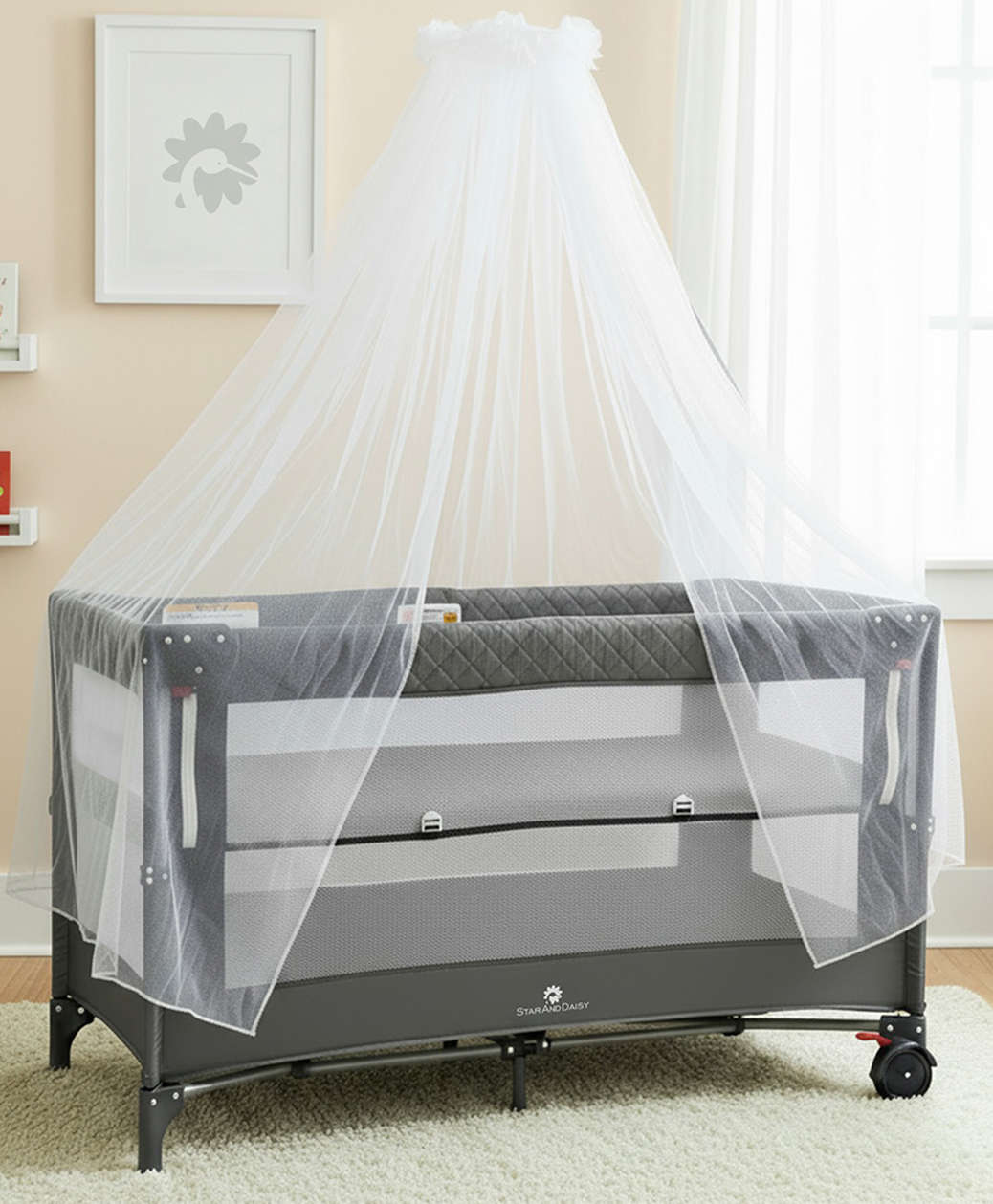 StarAndDaisy Baby Cradle for New Born Baby with Wheels, Storage Basket & Mosquito Net - Beige