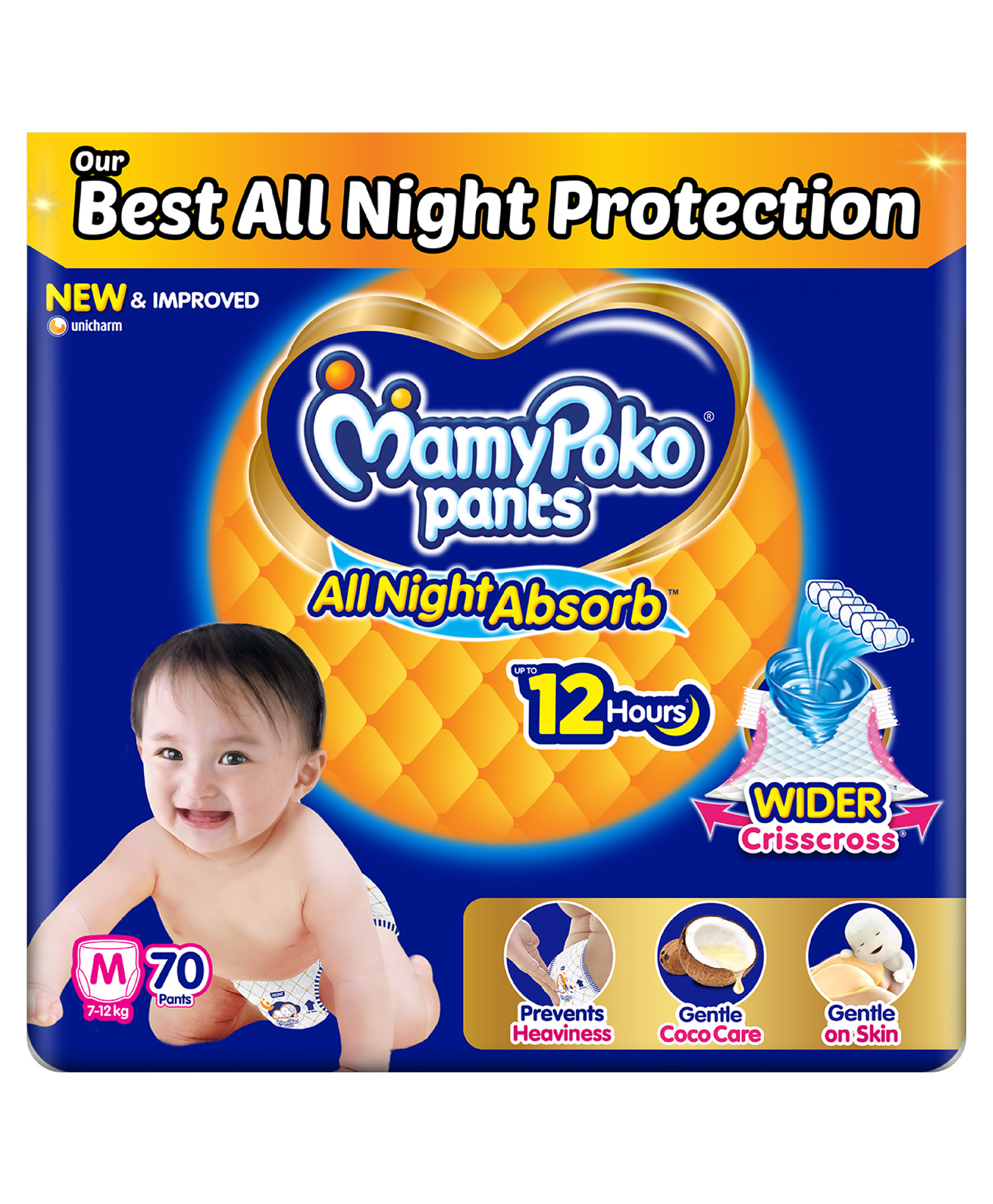 MamyPoko Pant Style Baby Diapers with Wider Criss Cross Sheet Gentle Coco Care & 12 Hr Leak Protection Size Medium (M) - 70 Pieces
