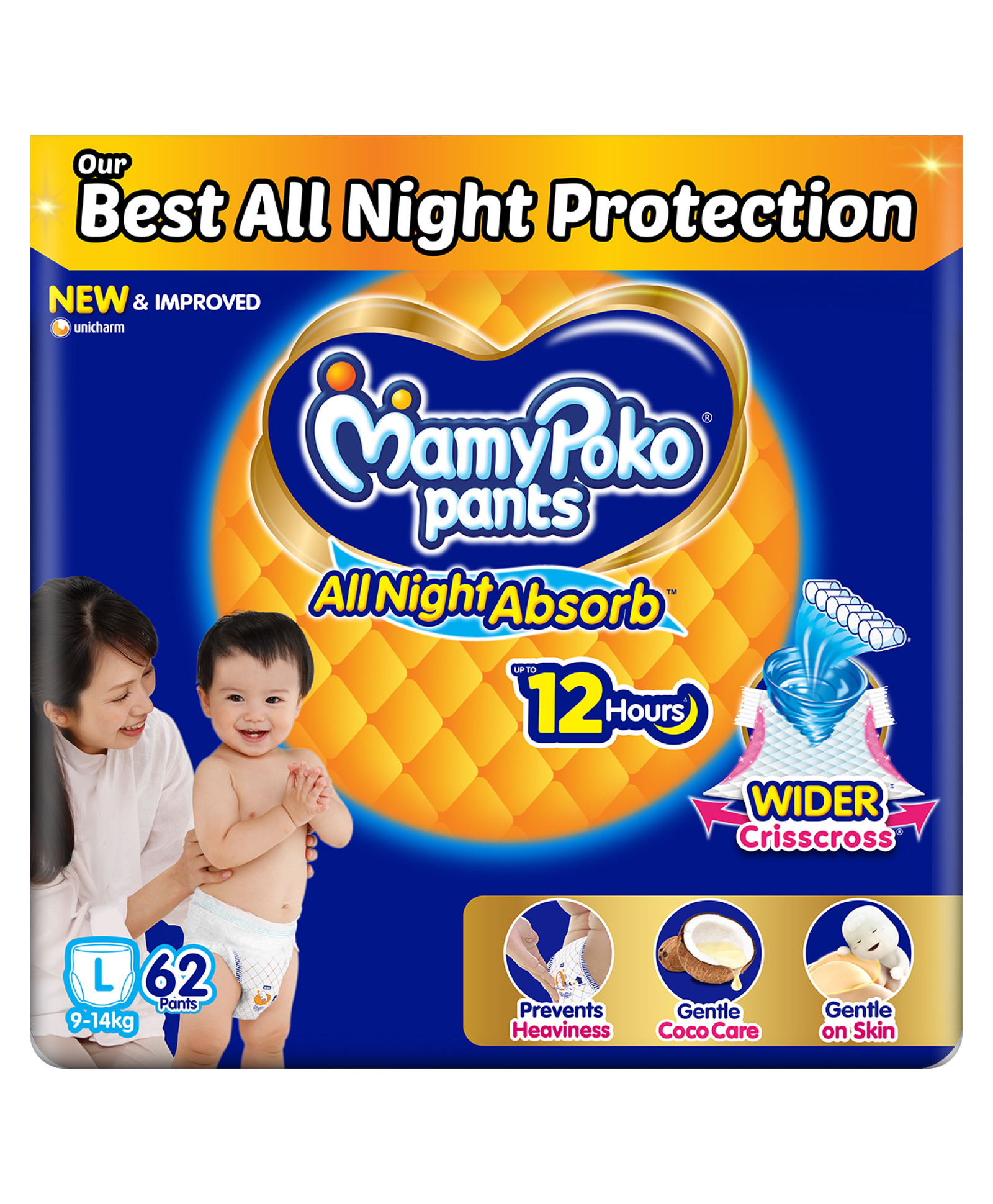 MamyPoko Pant Style Baby Diapers with Wider Criss Cross Sheet Gentle Coco Care & 12 Hr Leak Protection Size Large (L) - 62 Pieces