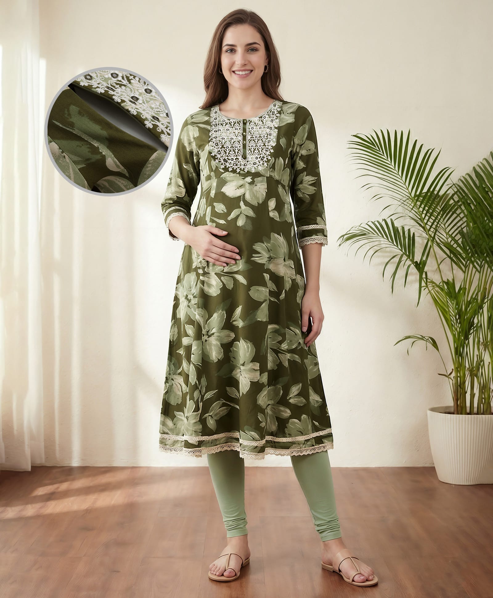 Bella Mama Woven Three Fourth Sleeves Embroidered Yoke Maternity Kurta with Floral Print - Green