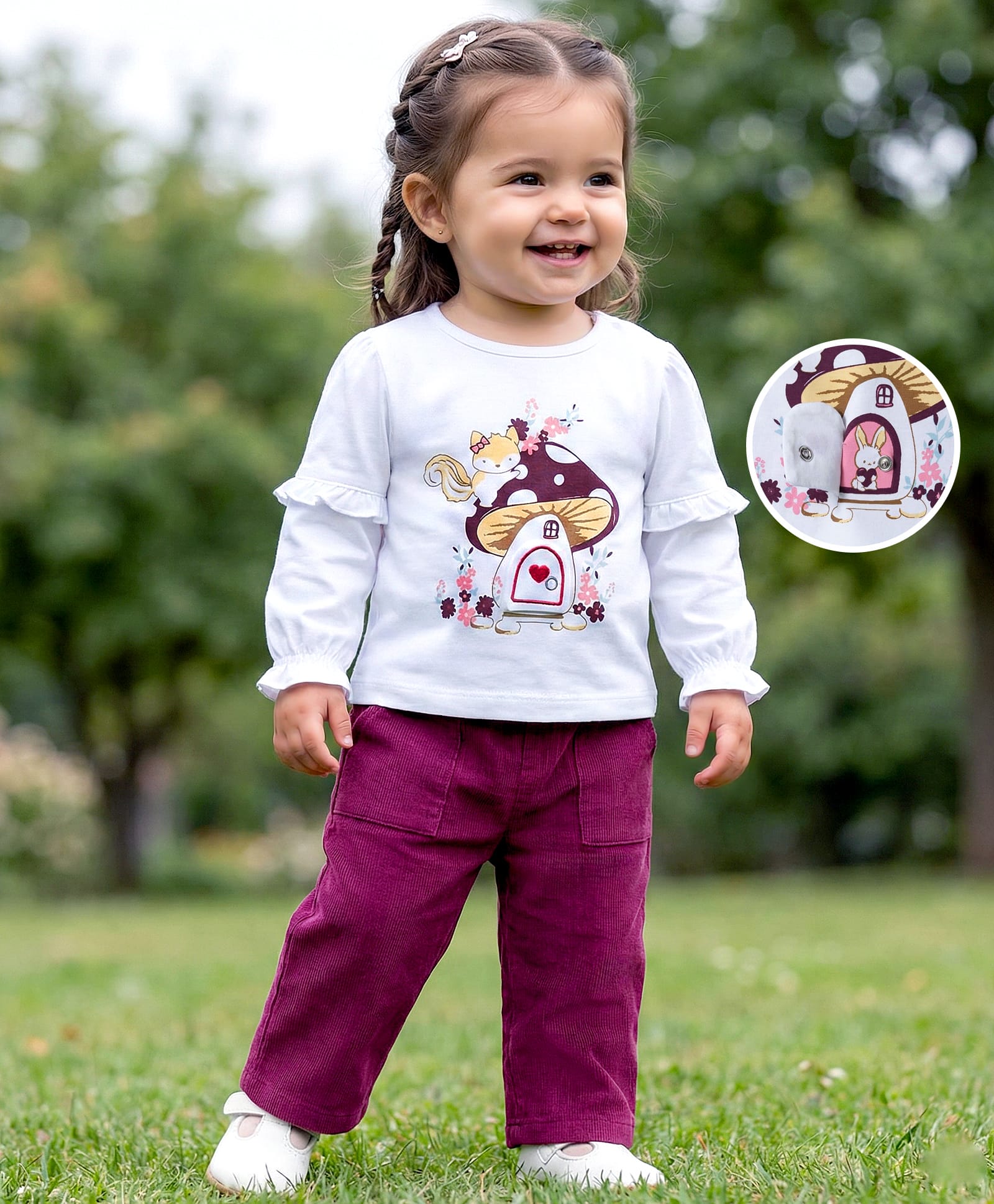 Babyoye 100% Cotton Woven Full Sleeves T-Shirt & Lounge Pant Set With Squirrel Print - Wine & White-image-35