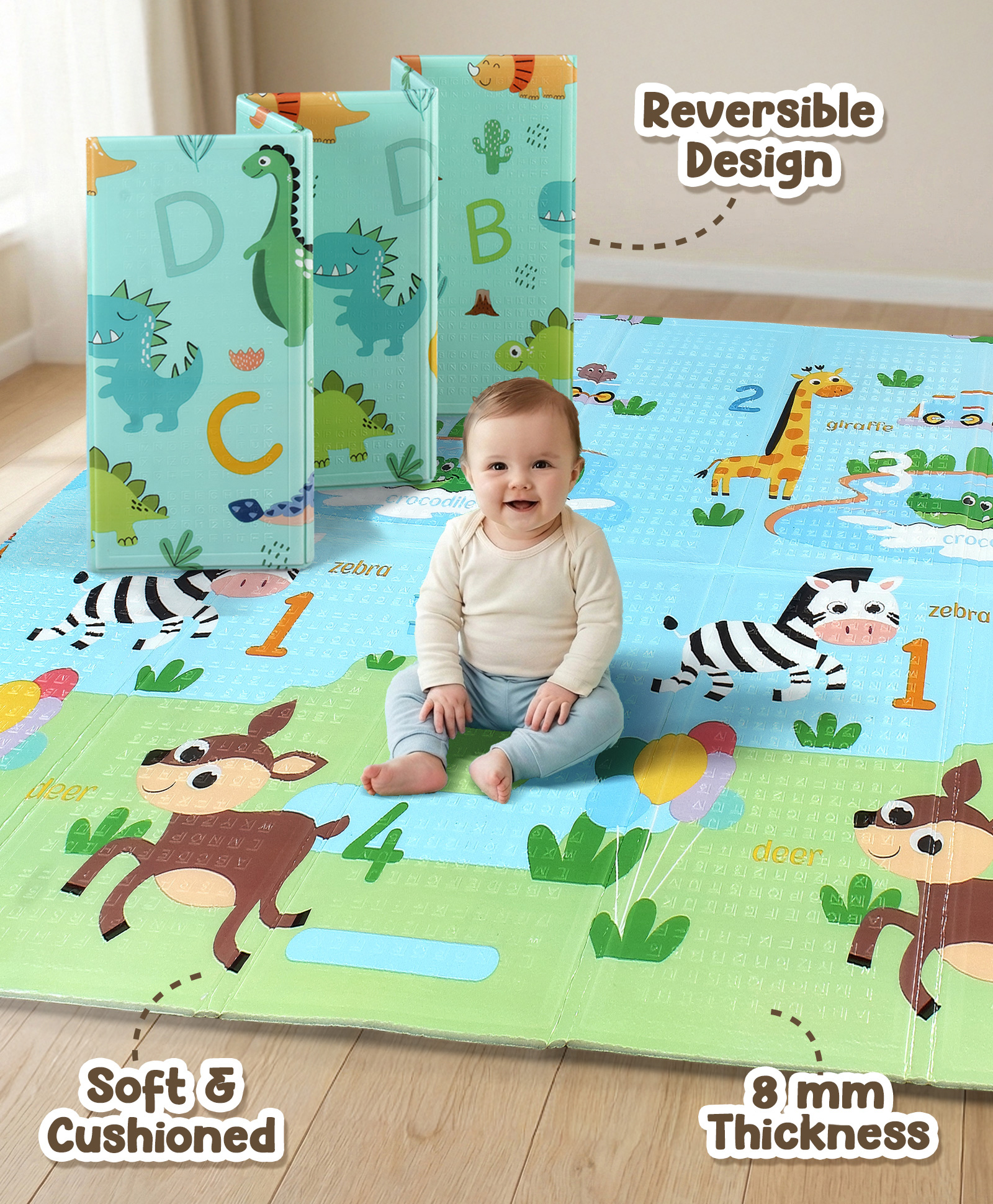 Babyhug Premium Reversible Foldable Dino Theme Learning & Play Floor Mat 6 ft x 5 ft| 8mm Thick|Waterproof & Soft Foam|Colorful Crawling & Baby Massage Mat| Easy to Carry Bag | BIS Certified